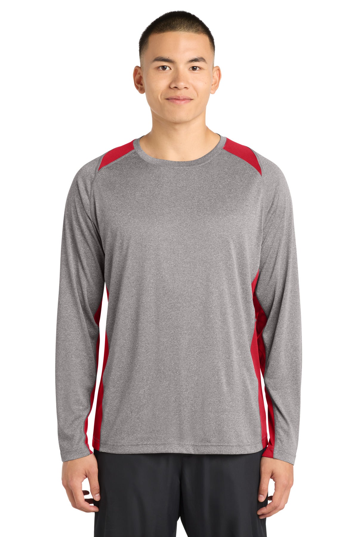 Custom Vintage Heather/ True Red Heather Colorblock Contender Tee ST361LS, personalized by SanCanDo Swag in Argyle, TX