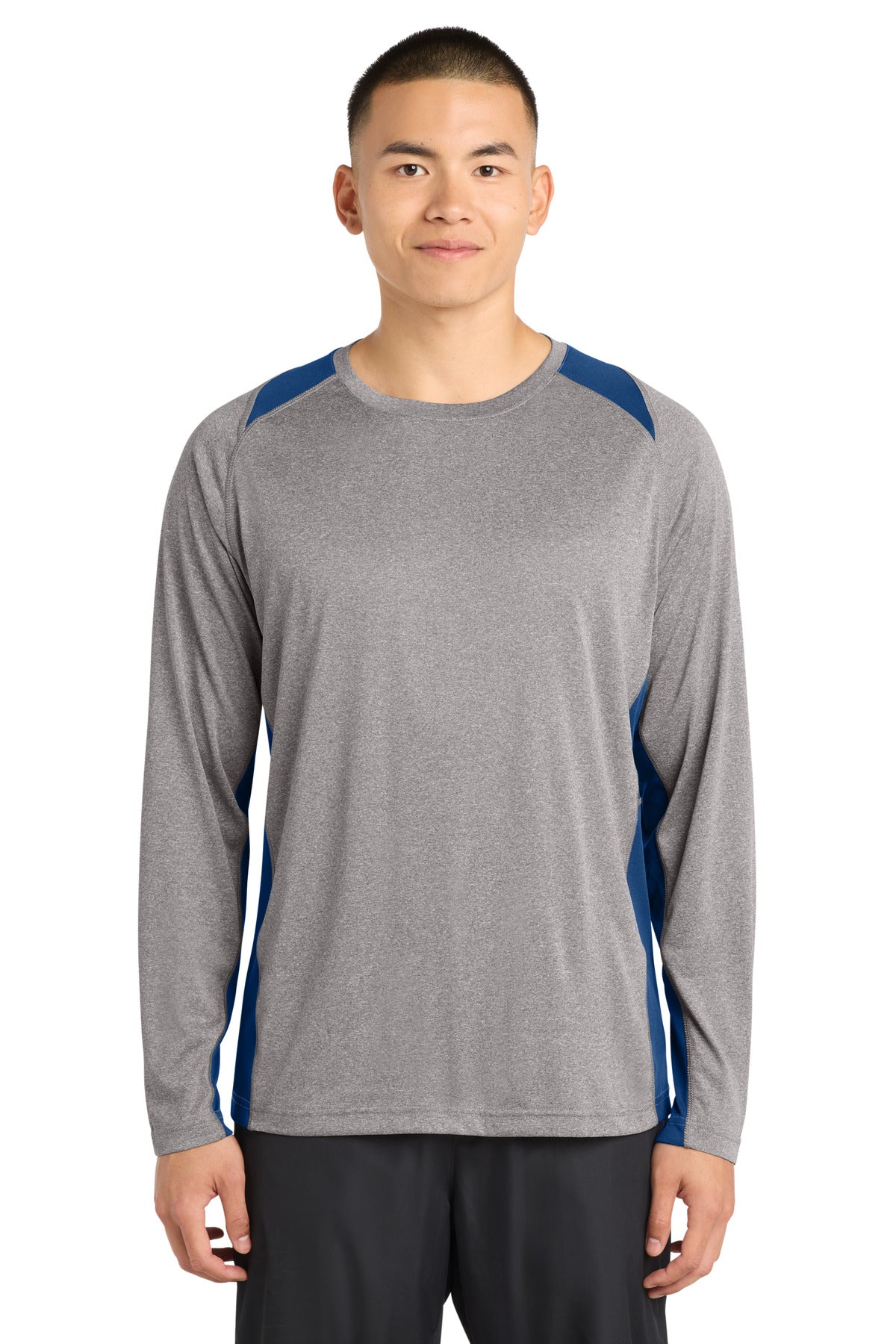 Custom Vintage Heather/ True Royal Heather Colorblock Contender Tee ST361LS, personalized by SanCanDo Swag in Argyle, TX
