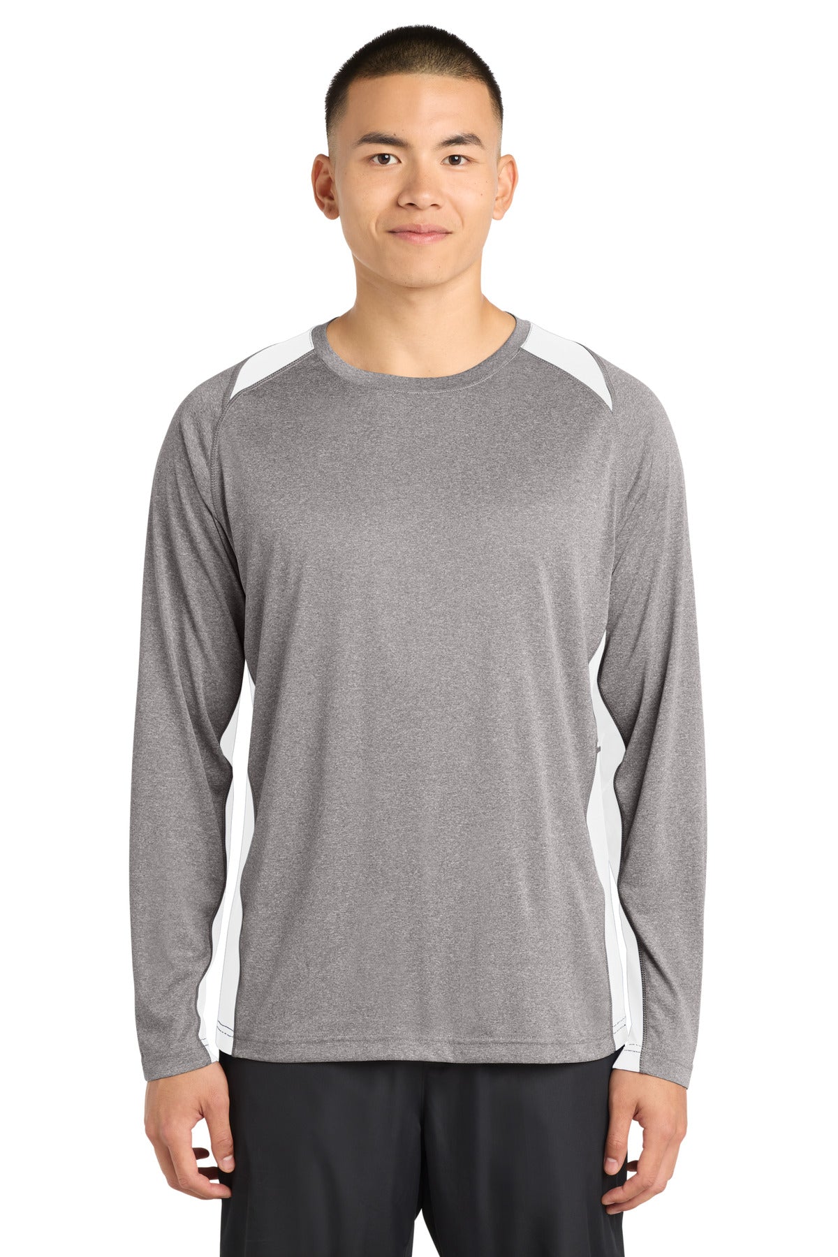 Custom Vintage Heather/ White Heather Colorblock Contender Tee ST361LS, personalized by SanCanDo Swag in Argyle, TX
