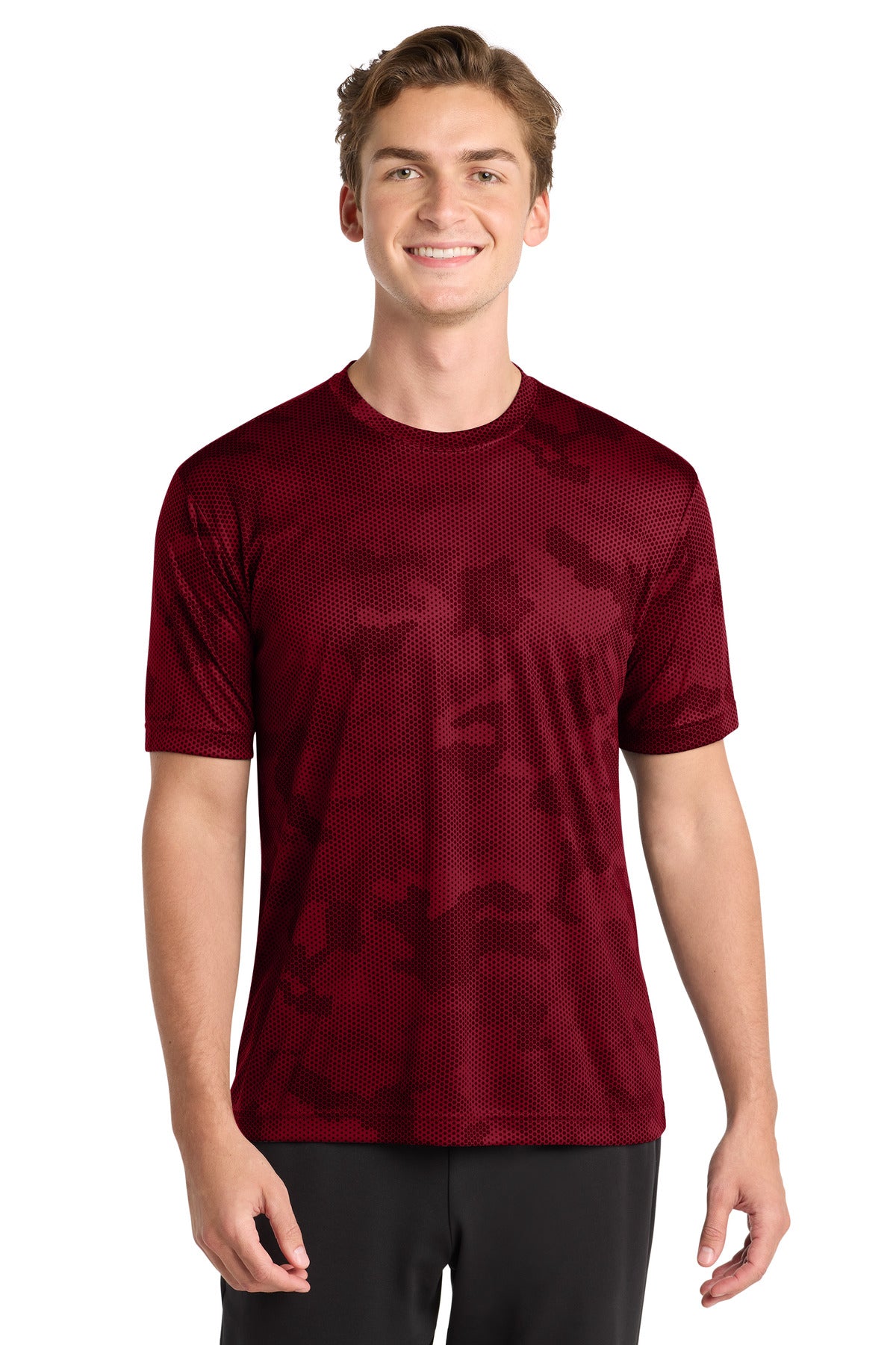 Custom Deep Red CamoHex Tee ST370, personalized by SanCanDo Swag in Argyle, TX
