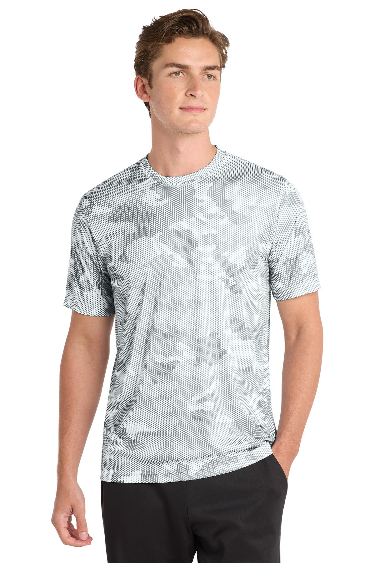 Custom White CamoHex Tee ST370, personalized by SanCanDo Swag in Argyle, TX