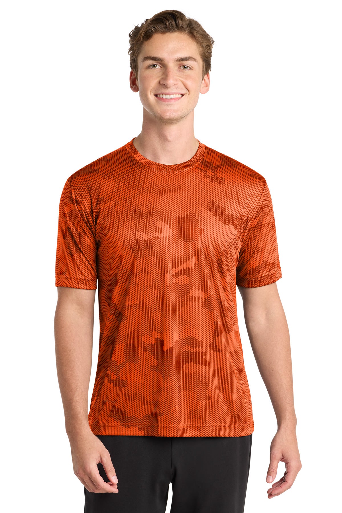 Custom Neon Orange CamoHex Tee ST370, personalized by SanCanDo Swag in Argyle, TX
