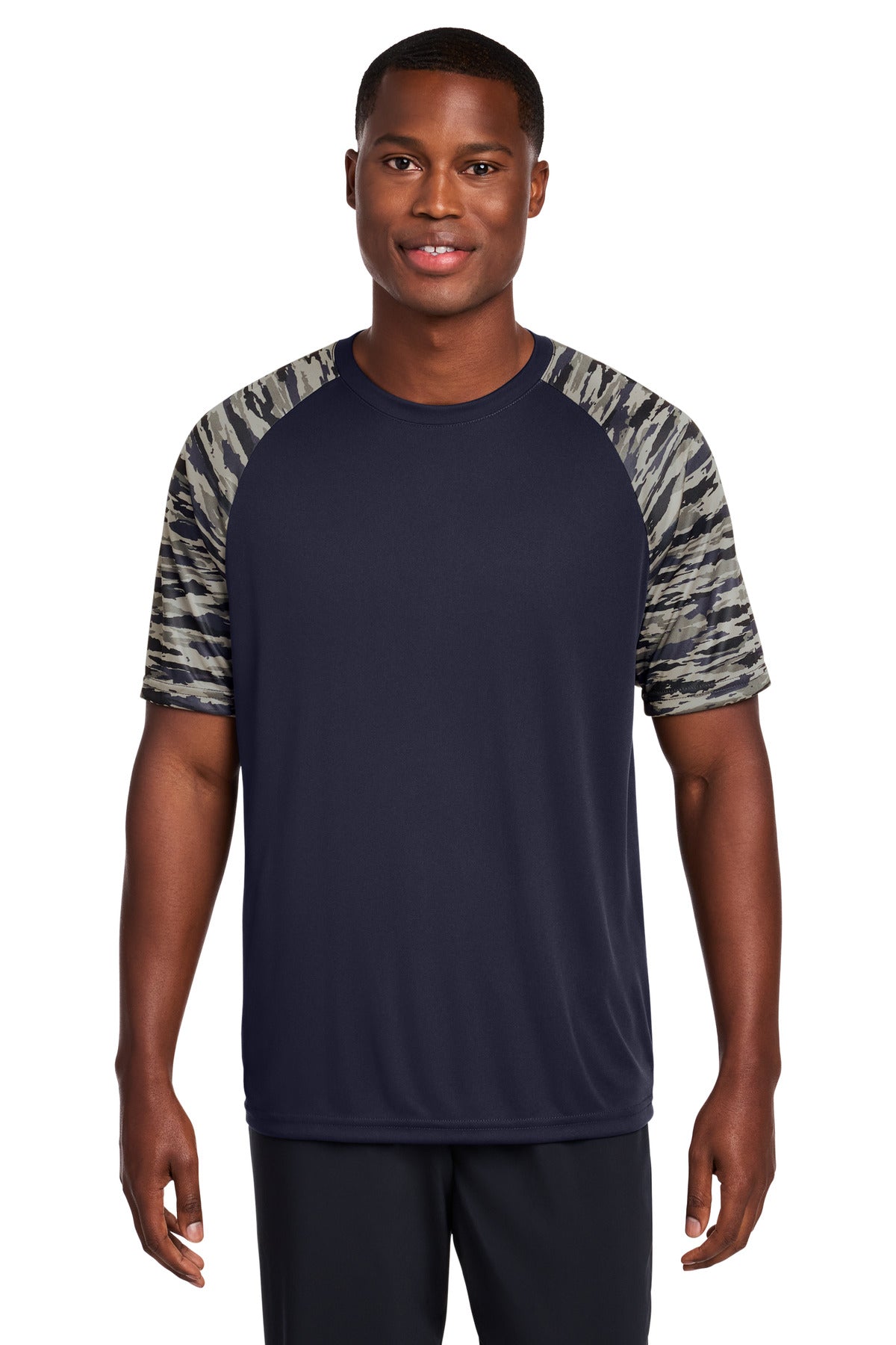 Custom True Navy Drift Camo Colorblock Tee ST376, personalized by SanCanDo Swag in Argyle, TX