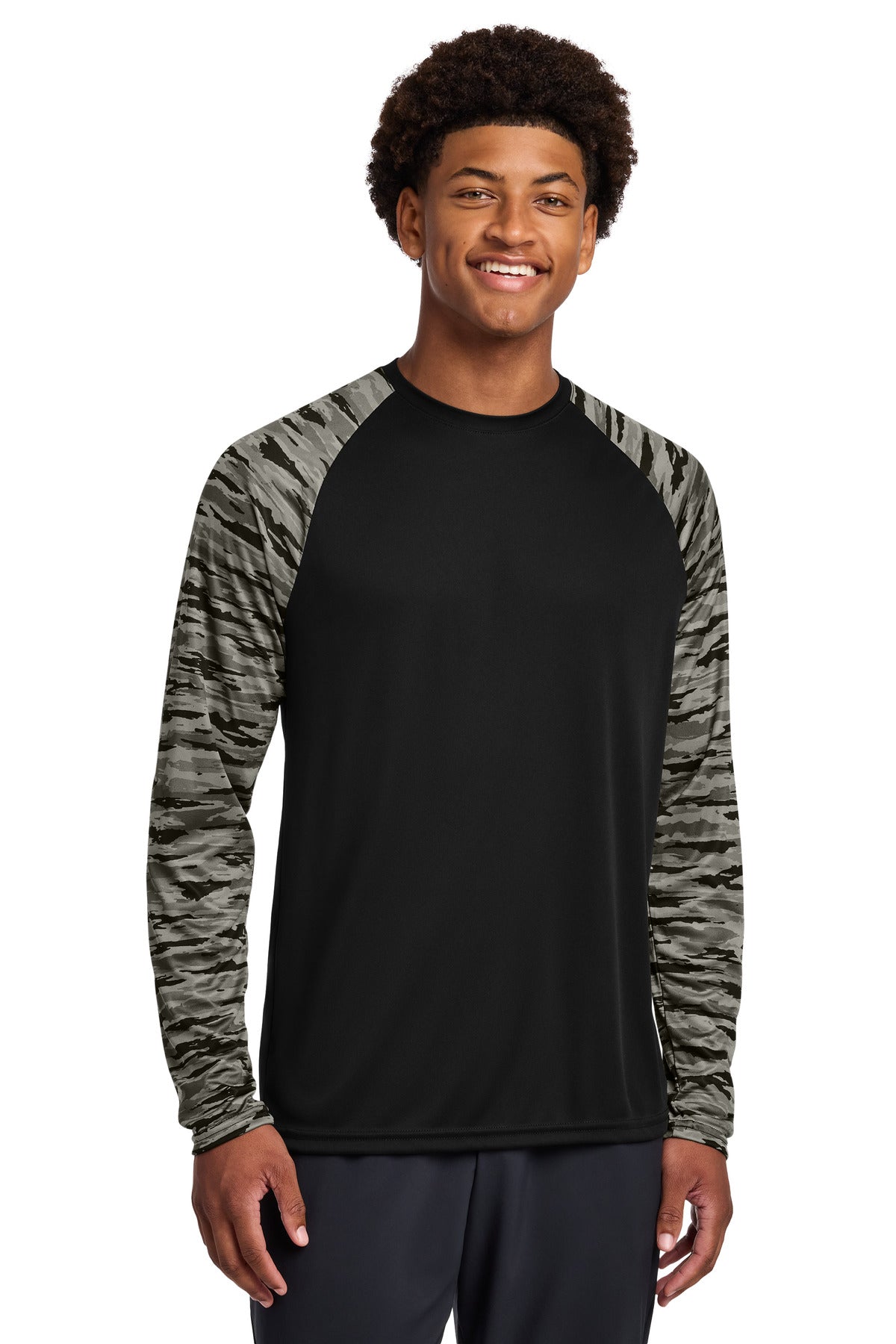 Custom Black Drift Camo Colorblock Long Sleeve Tee ST376LS, personalized by SanCanDo Swag in Argyle, TX