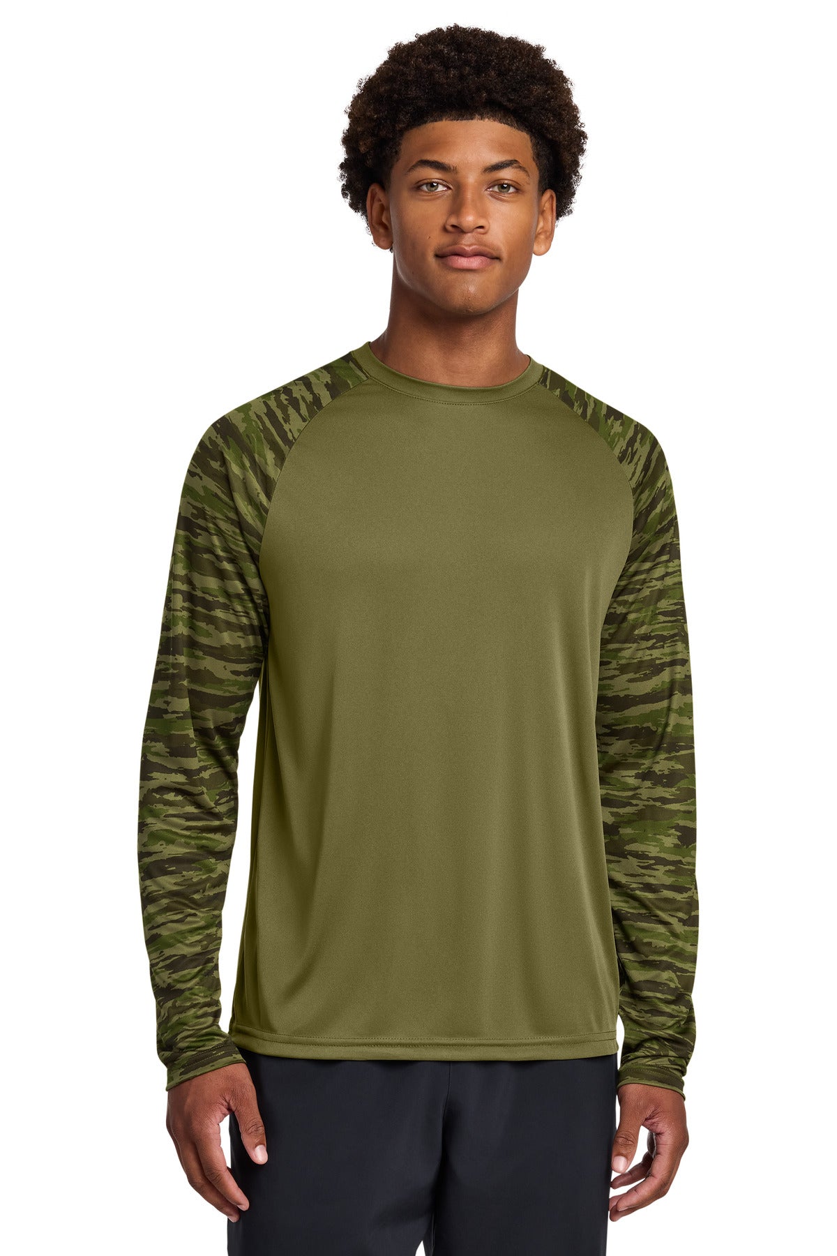 Custom Olive Drab Green Drift Camo Colorblock Long Sleeve Tee ST376LS, personalized by SanCanDo Swag in Argyle, TX