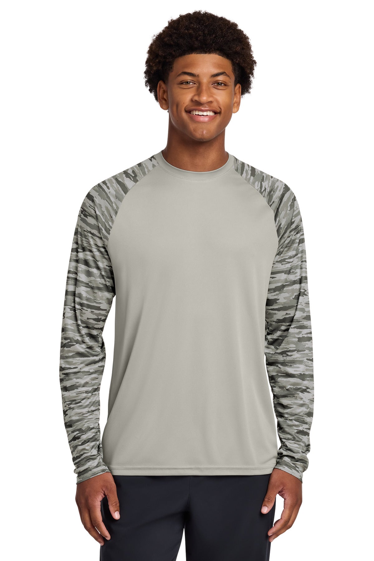 Custom Silver Drift Camo Colorblock Long Sleeve Tee ST376LS, personalized by SanCanDo Swag in Argyle, TX