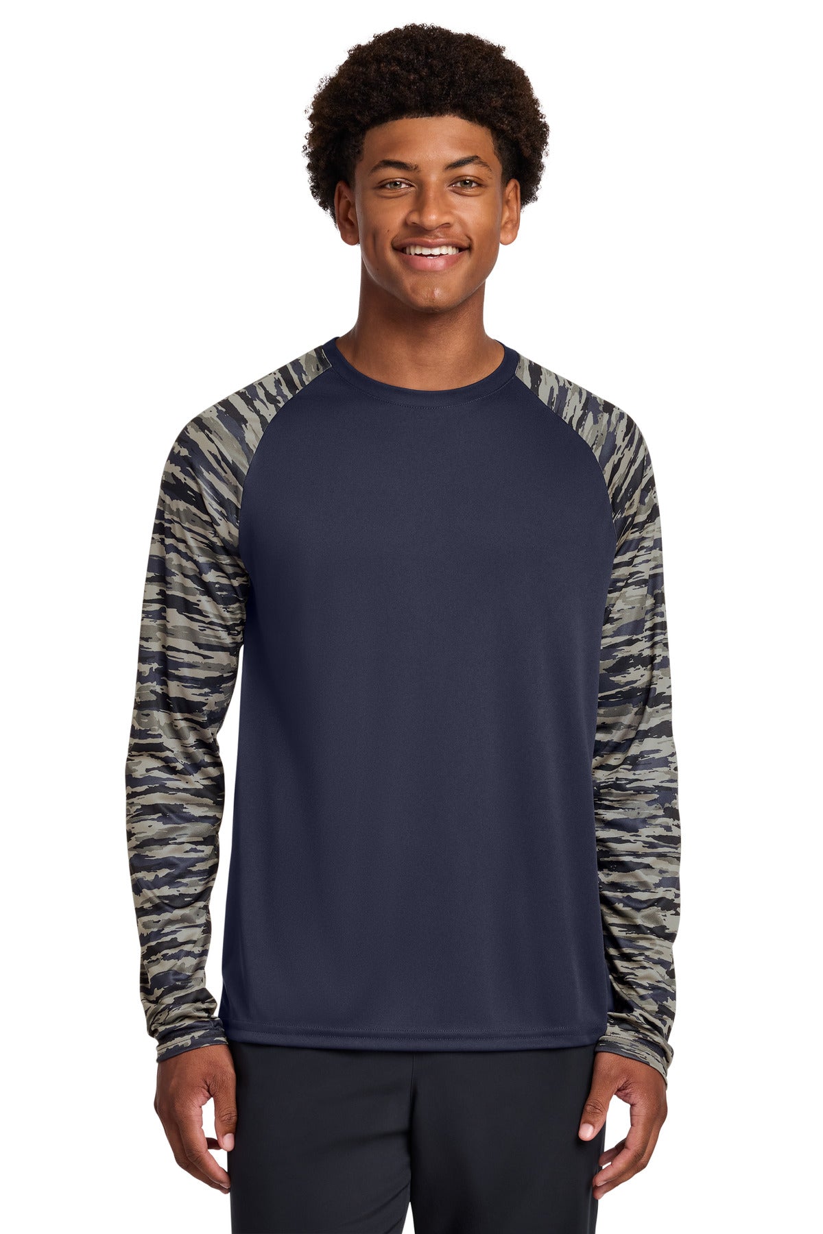 Custom True Navy Drift Camo Colorblock Long Sleeve Tee ST376LS, personalized by SanCanDo Swag in Argyle, TX