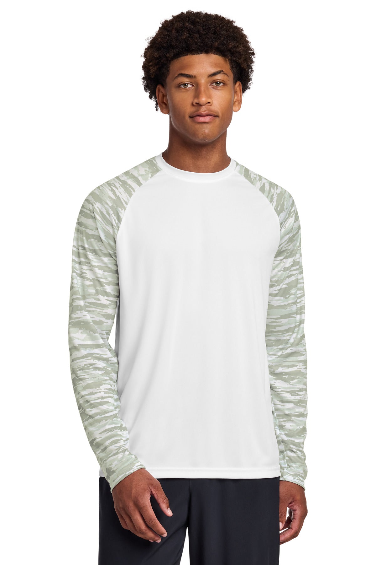 Custom White Drift Camo Colorblock Long Sleeve Tee ST376LS, personalized by SanCanDo Swag in Argyle, TX