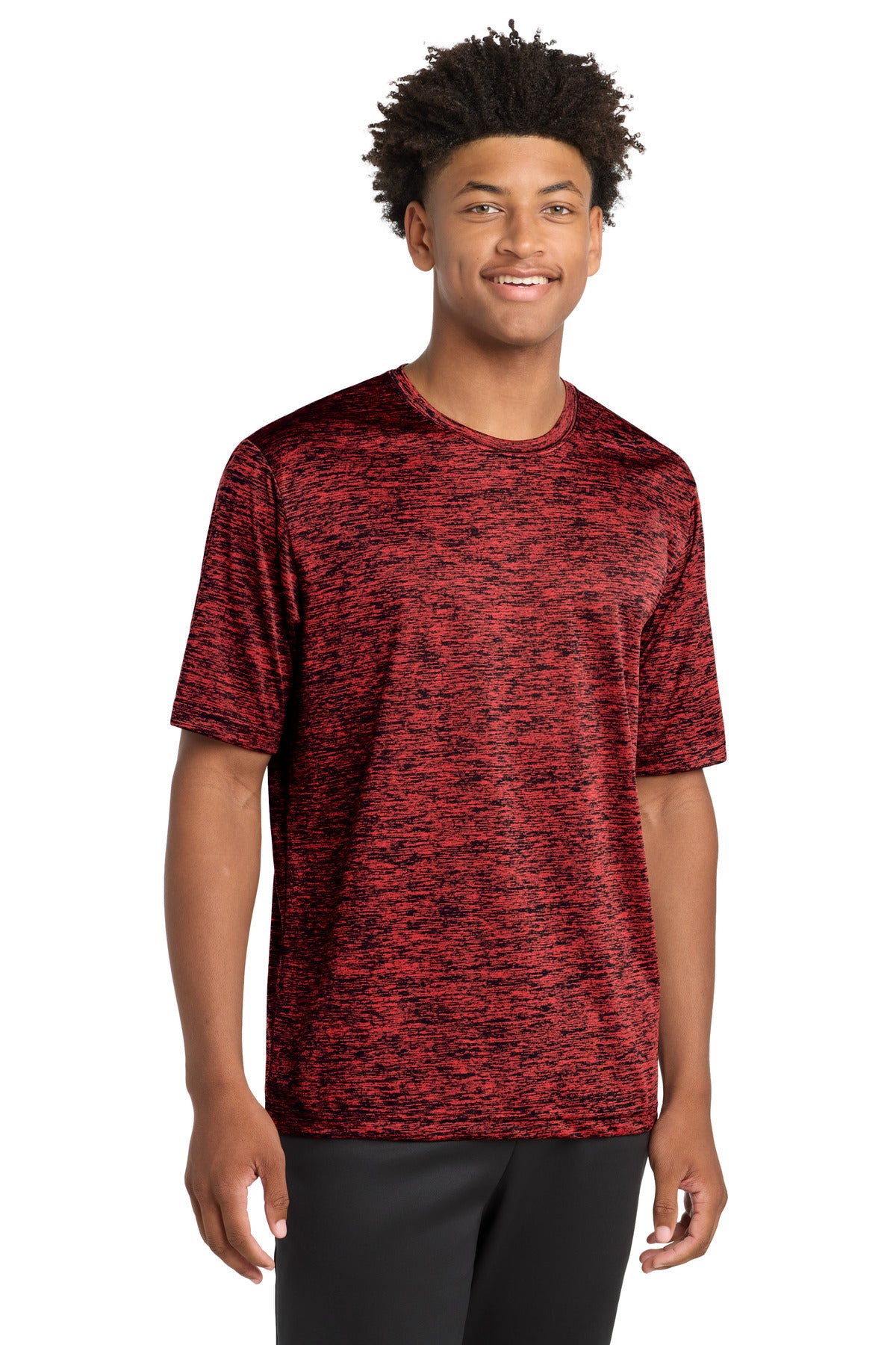Custom Deep Red-Black Electric PosiCharge Electric Heather Tee ST390, personalized by SanCanDo Swag in Argyle, TX