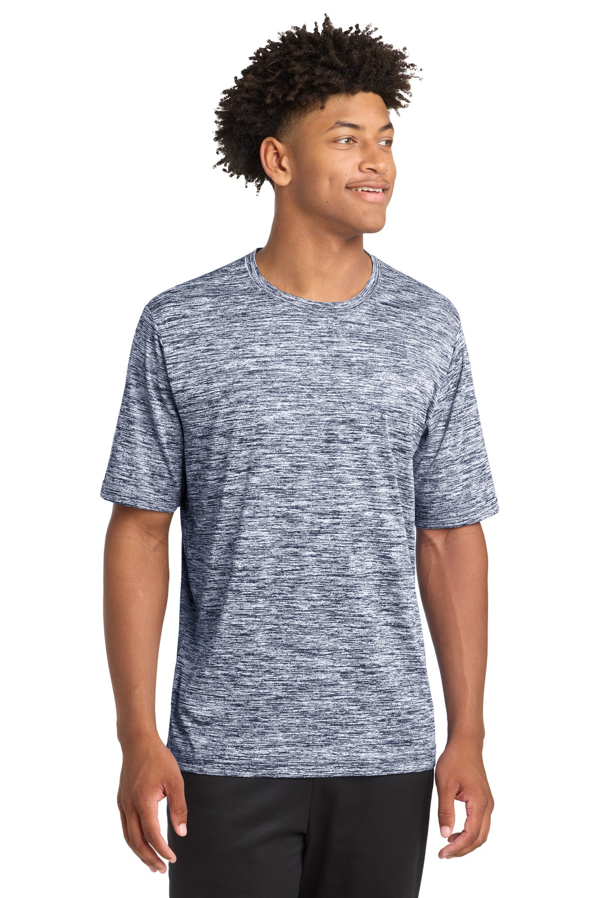 Custom True Navy Electric PosiCharge Electric Heather Tee ST390, personalized by SanCanDo Swag in Argyle, TX