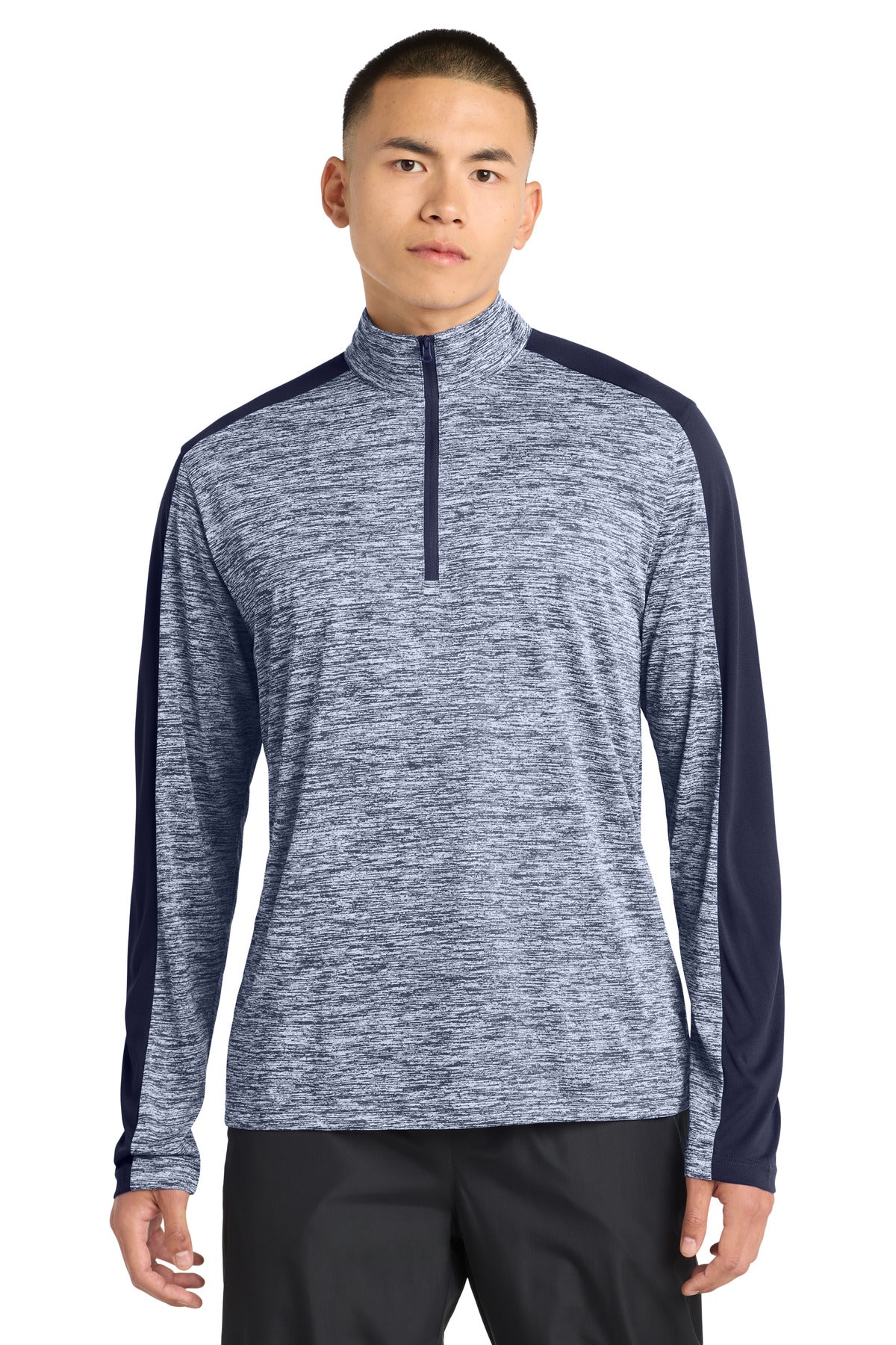Custom True Navy Electric/ True Navy Heather Colorblock 1/4-Zip Pullover ST397, personalized by SanCanDo Swag in Argyle, TX