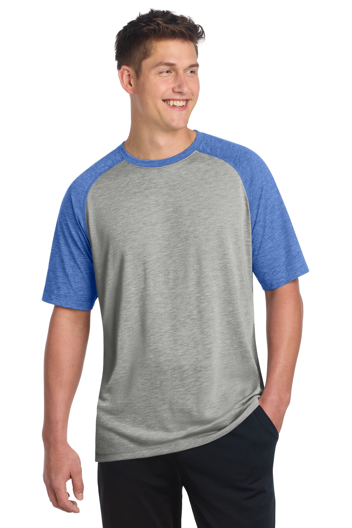 Custom True Royal Heather/ Light Grey Heather PosiCharge Tri-Blend Wicking Raglan Tee ST400, personalized by SanCanDo Swag in Argyle, TX