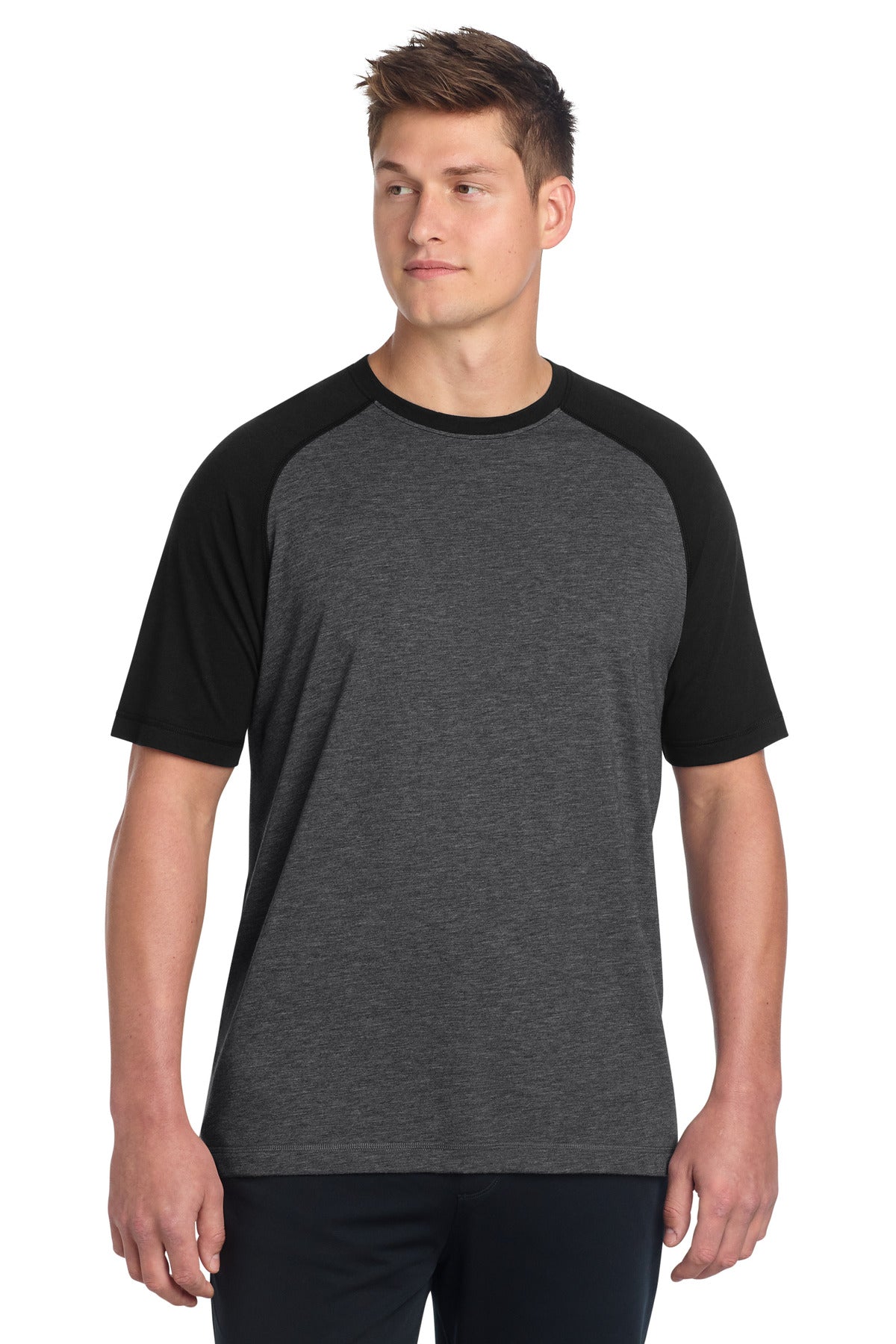 Custom Black Triad Solid/ Dark Grey Heather PosiCharge Tri-Blend Wicking Raglan Tee ST400, personalized by SanCanDo Swag in Argyle, TX