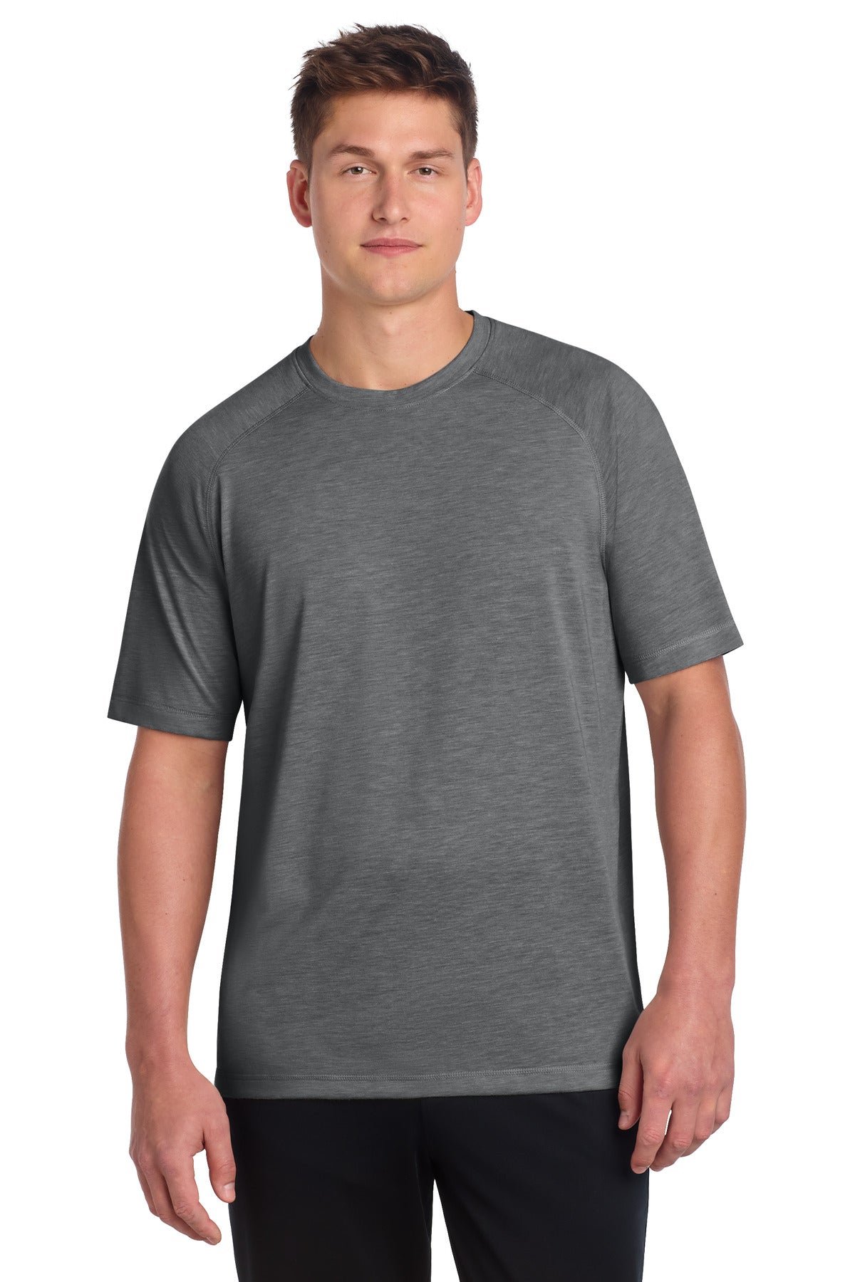 Custom Dark Grey Heather PosiCharge Tri-Blend Wicking Raglan Tee ST400, personalized by SanCanDo Swag in Argyle, TX