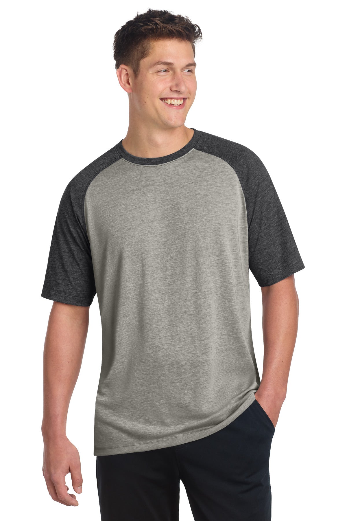 Custom Dark Grey Heather/ Light Grey Heather PosiCharge Tri-Blend Wicking Raglan Tee ST400, personalized by SanCanDo Swag in Argyle, TX