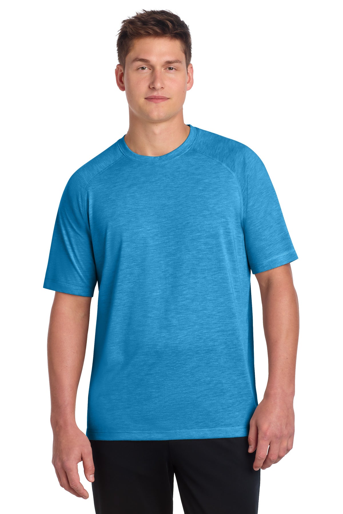 Custom Pond Blue Heather PosiCharge Tri-Blend Wicking Raglan Tee ST400, personalized by SanCanDo Swag in Argyle, TX