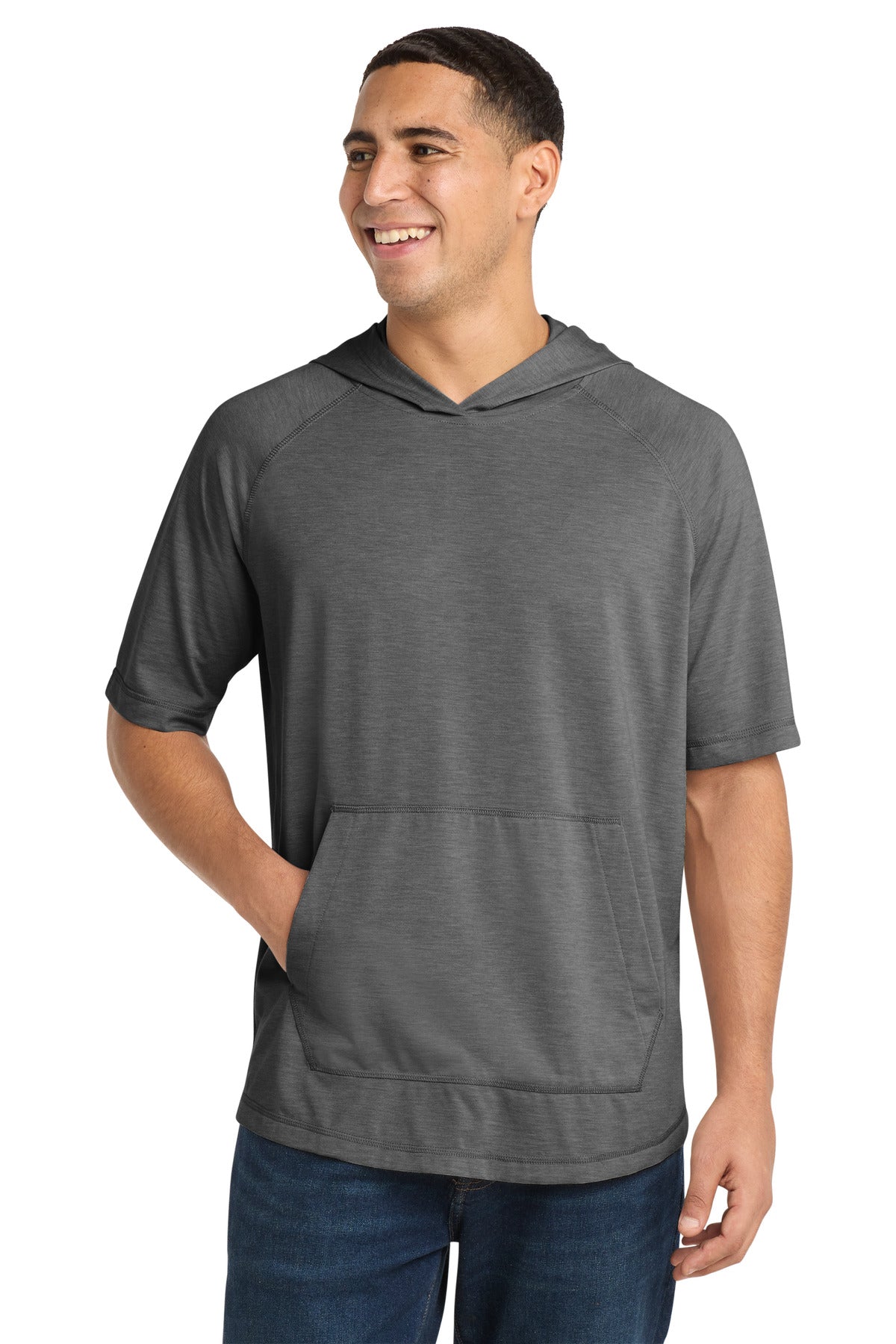 Custom Dark Grey Heather Wicking Short Sleeve Hoodie ST404, personalized by SanCanDo Swag in Argyle, TX