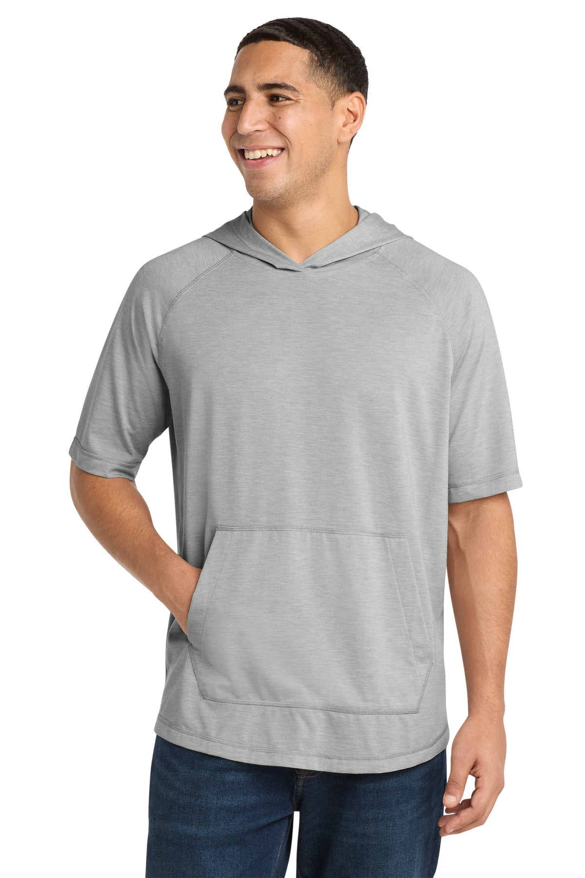 Custom Light Grey Heather Wicking Short Sleeve Hoodie ST404, personalized by SanCanDo Swag in Argyle, TX