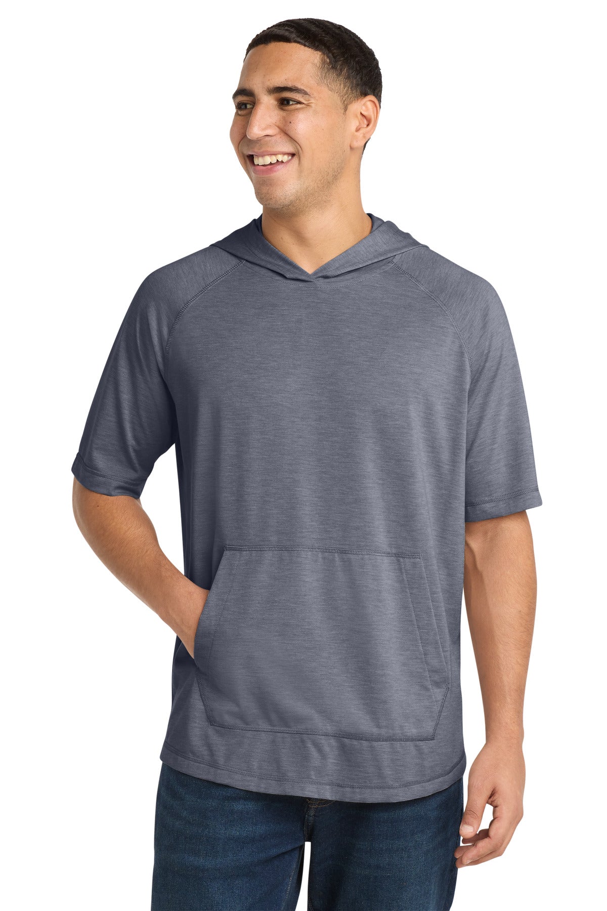 Custom True Navy Heather Wicking Short Sleeve Hoodie ST404, personalized by SanCanDo Swag in Argyle, TX
