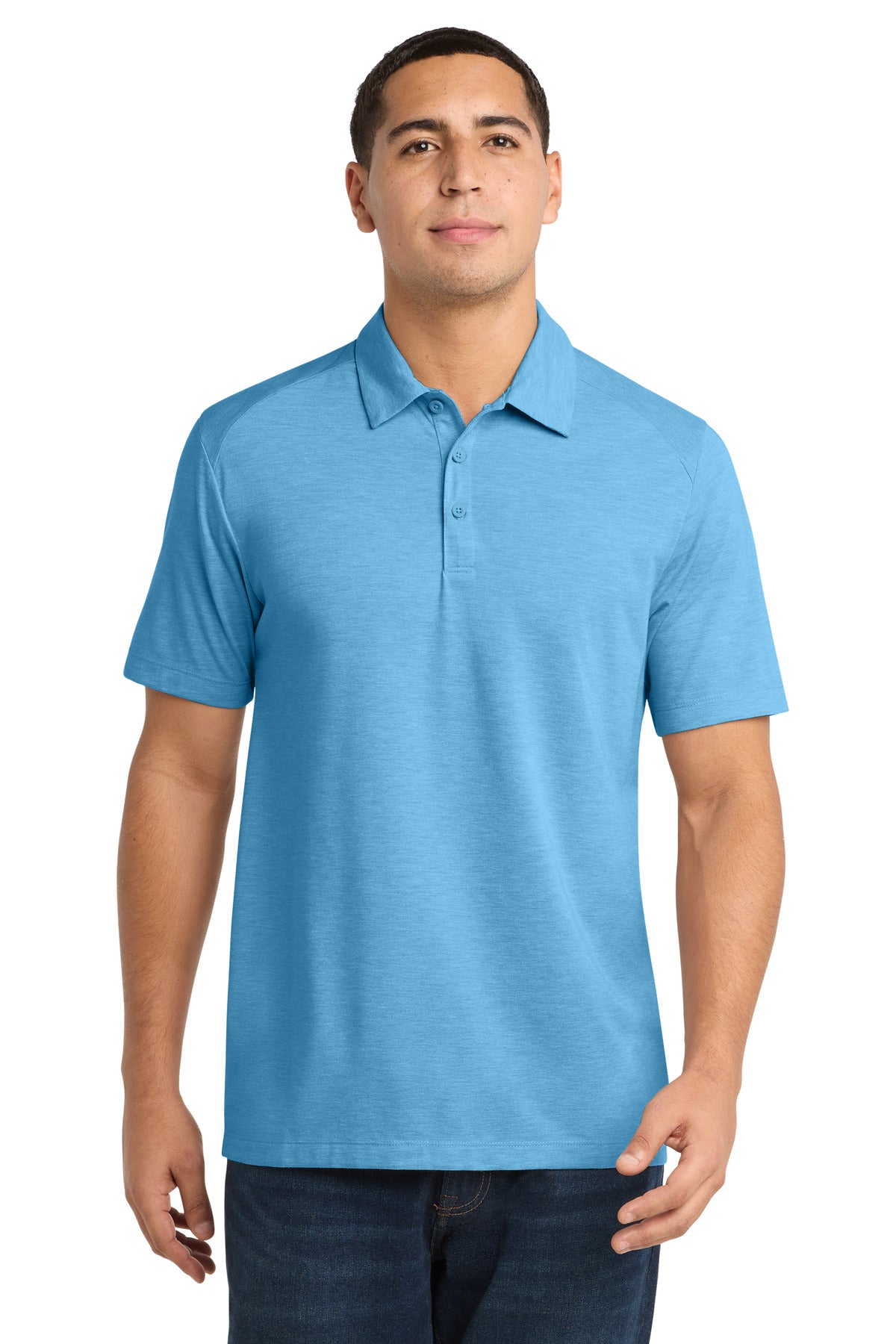 Custom Pond Blue Heather PosiCharge Tri-Blend Wicking Polo ST405, personalized by SanCanDo Swag in Argyle, TX