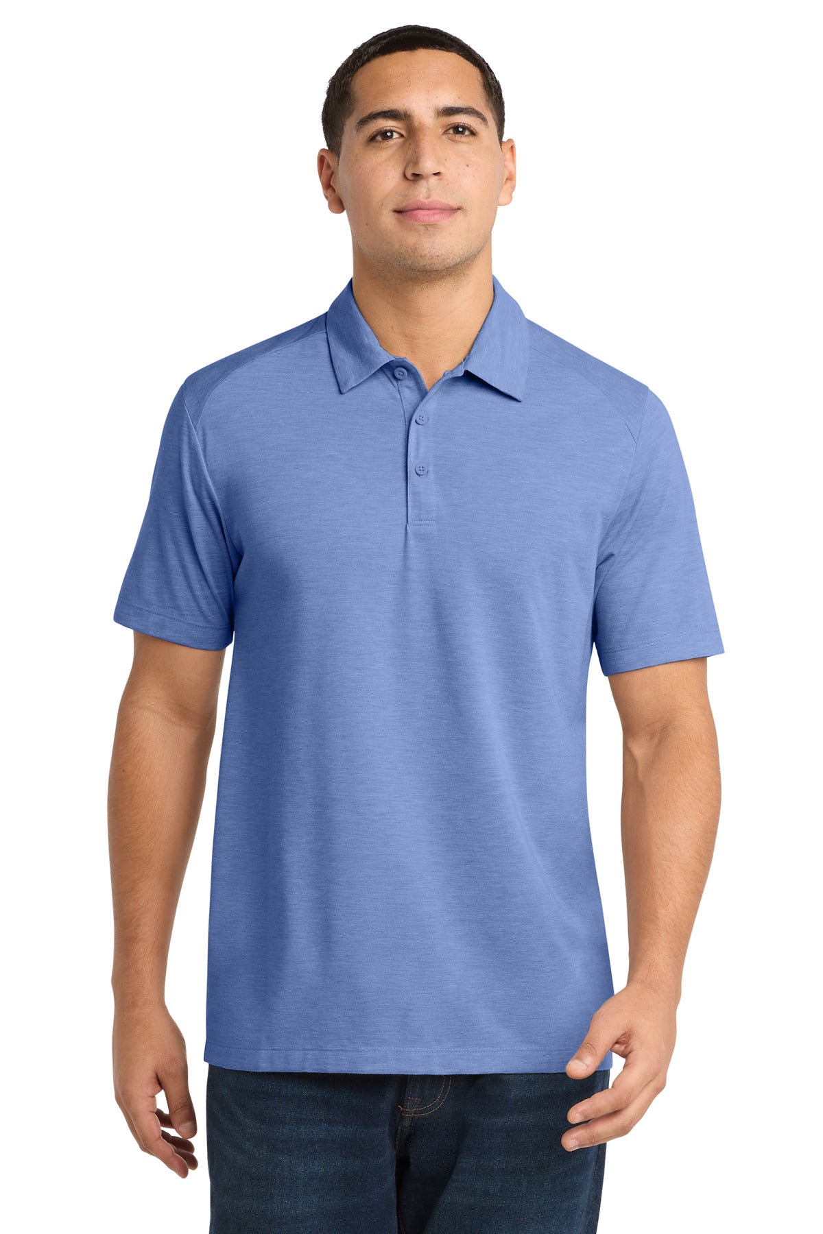 Custom True Royal Heather PosiCharge Tri-Blend Wicking Polo ST405, personalized by SanCanDo Swag in Argyle, TX