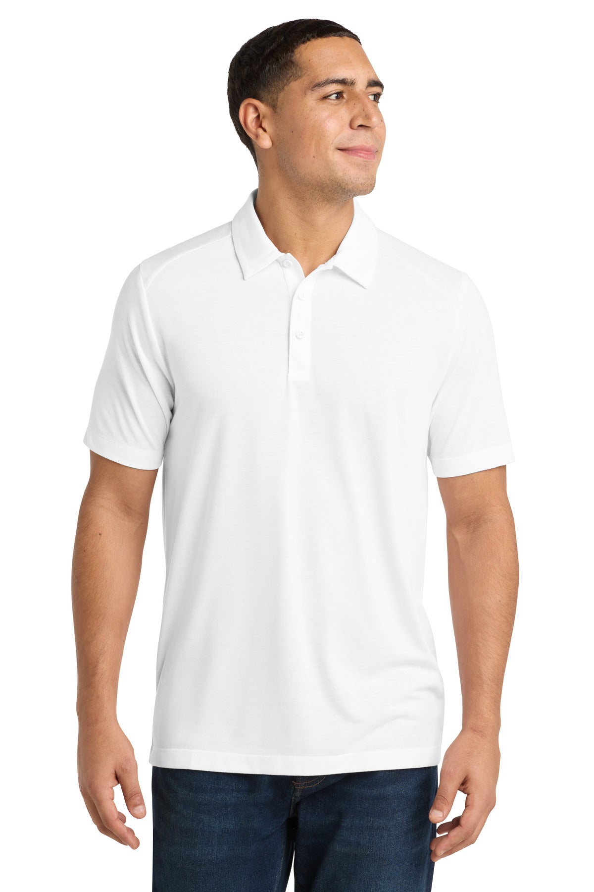 Custom White Triad Solid PosiCharge Tri-Blend Wicking Polo ST405, personalized by SanCanDo Swag in Argyle, TX