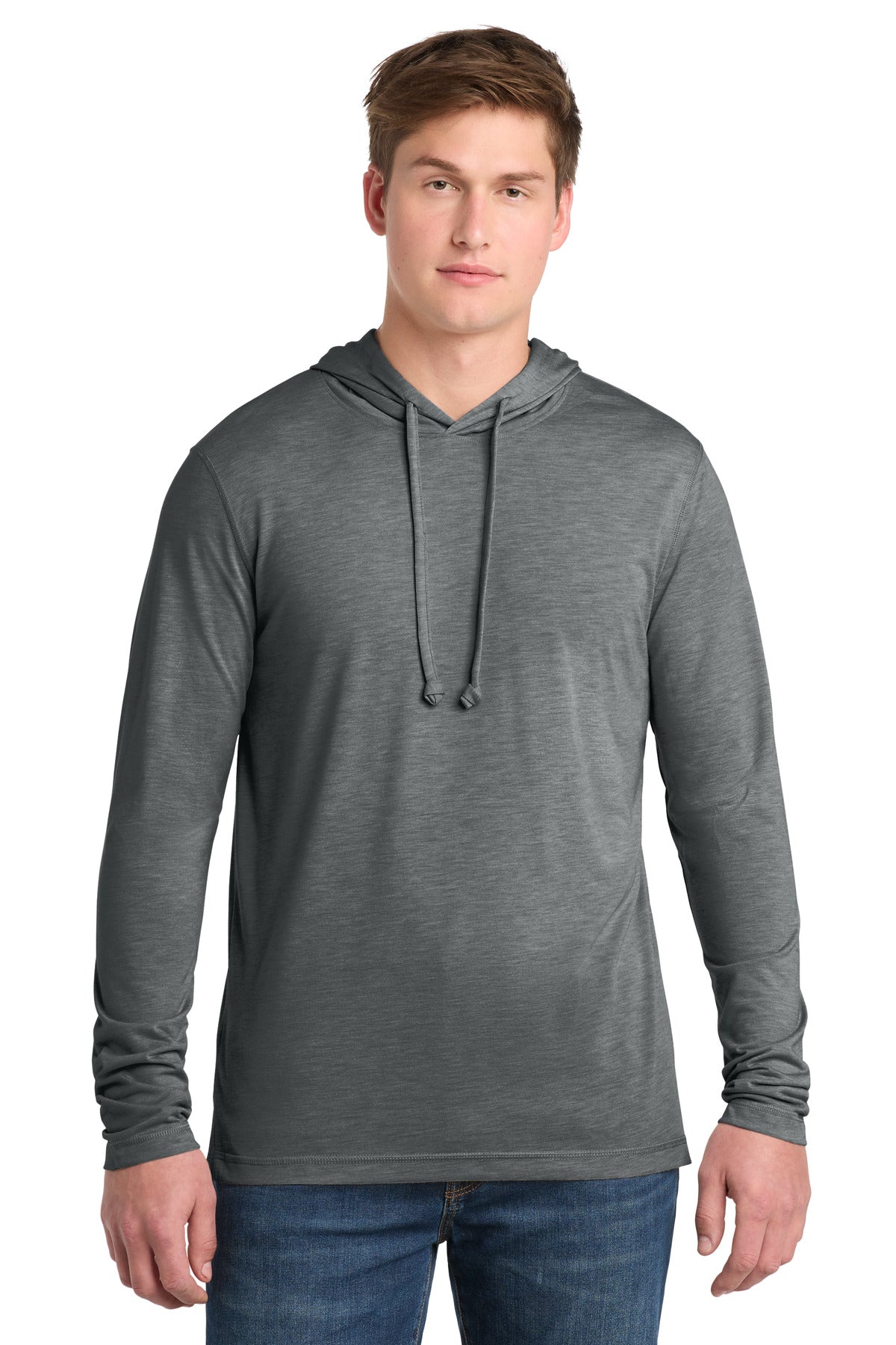 Custom Dark Grey Heather Wicking Long Sleeve Hoodie ST406, personalized by SanCanDo Swag in Argyle, TX
