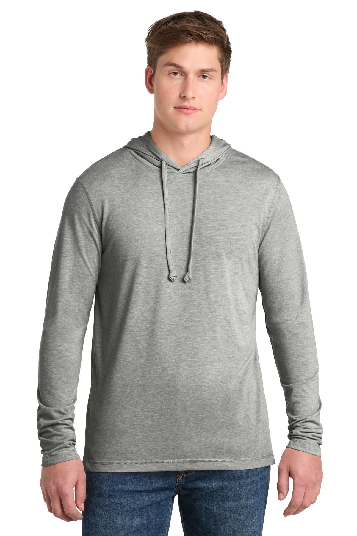 Custom Light Grey Heather Wicking Long Sleeve Hoodie ST406, personalized by SanCanDo Swag in Argyle, TX