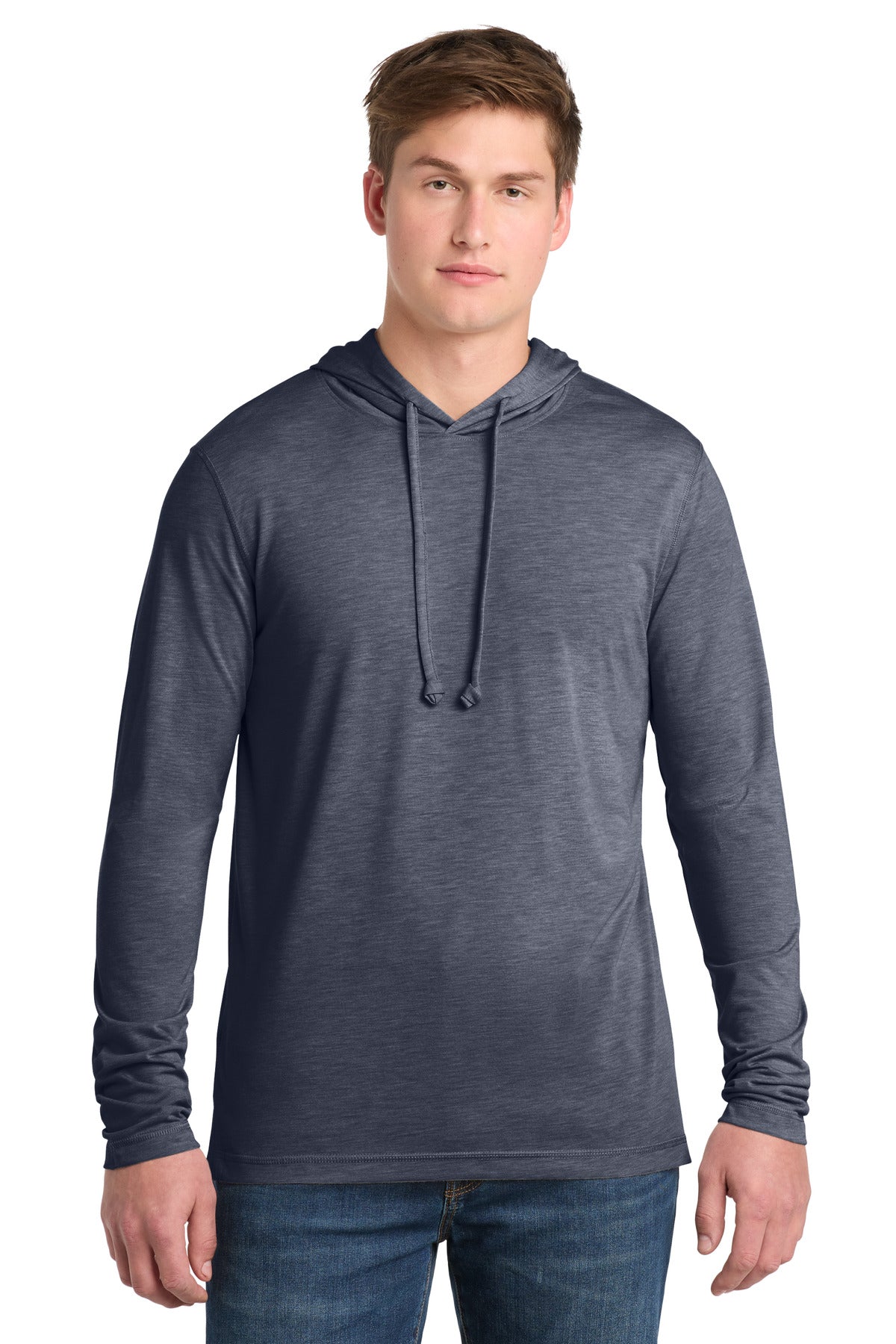 Custom True Navy Heather Wicking Long Sleeve Hoodie ST406, personalized by SanCanDo Swag in Argyle, TX