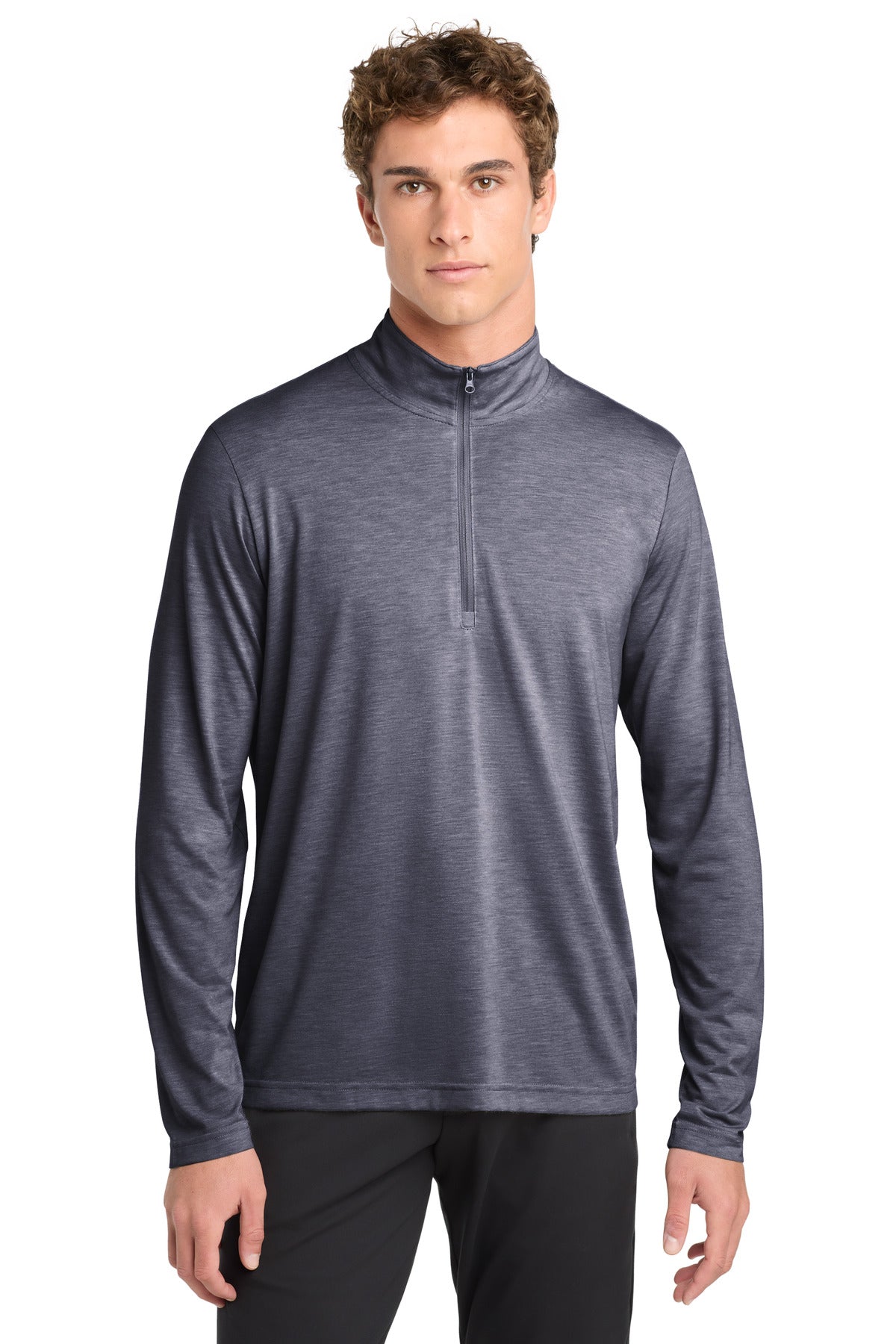 Custom True Navy Heather Tri-Blend Wicking 1/4-Zip Pullover ST407, personalized by SanCanDo Swag in Argyle, TX