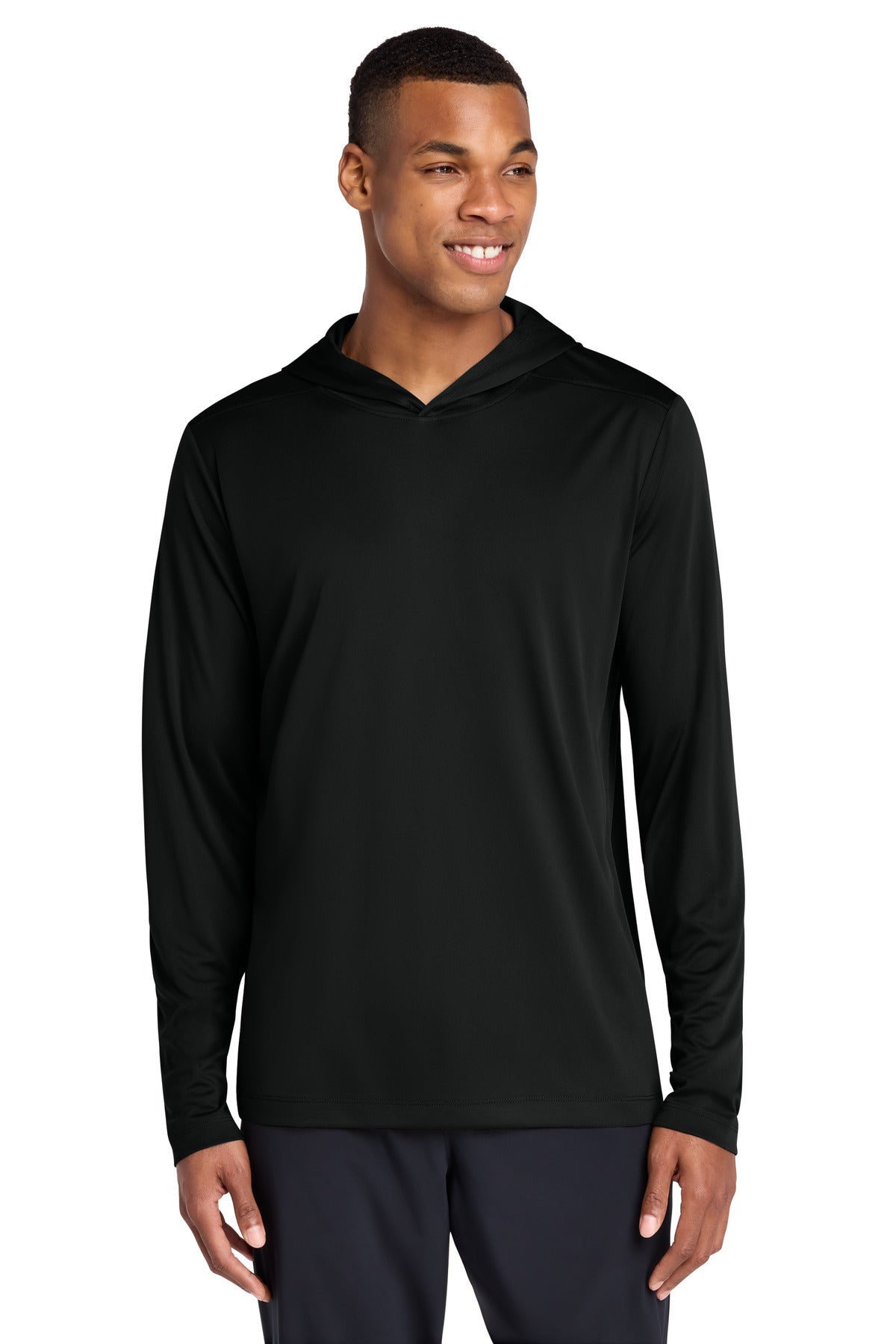 Custom Black Posi-UV Pro Long Sleeve Hoodie ST420LSH, personalized by SanCanDo Swag in Argyle, TX