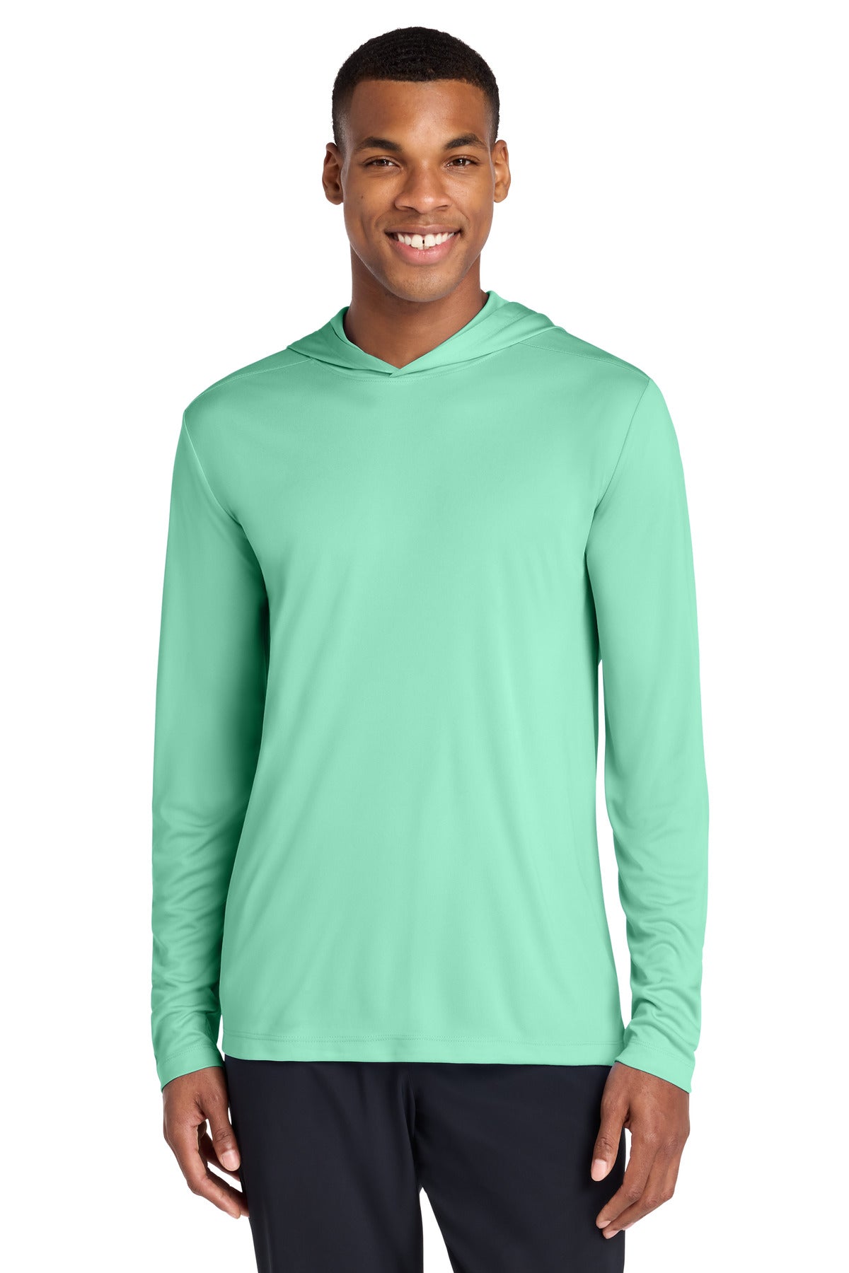 Custom Bright Seafoam Posi-UV Pro Long Sleeve Hoodie ST420LSH, personalized by SanCanDo Swag in Argyle, TX