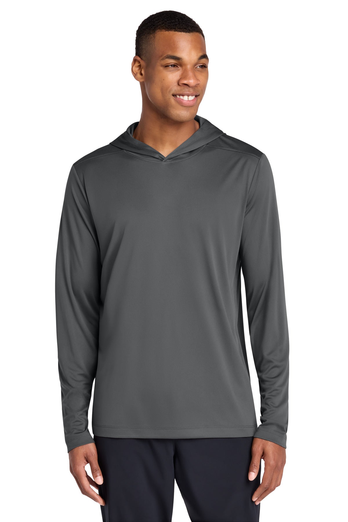 Custom Dark Smoke Grey Posi-UV Pro Long Sleeve Hoodie ST420LSH, personalized by SanCanDo Swag in Argyle, TX