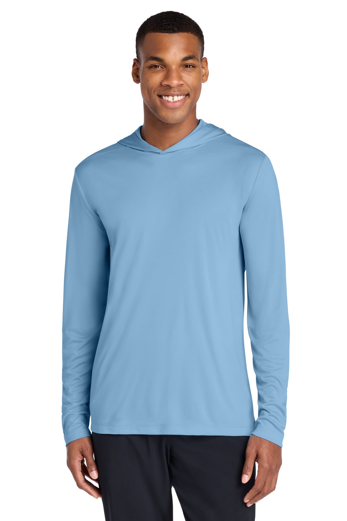 Custom Light Blue Posi-UV Pro Long Sleeve Hoodie ST420LSH, personalized by SanCanDo Swag in Argyle, TX