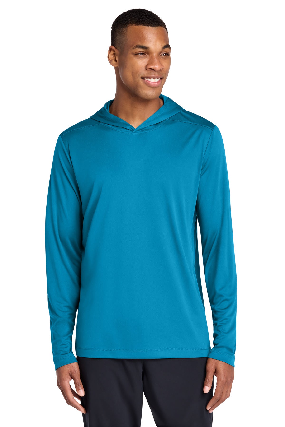 Custom Sapphire Posi-UV Pro Long Sleeve Hoodie ST420LSH, personalized by SanCanDo Swag in Argyle, TX