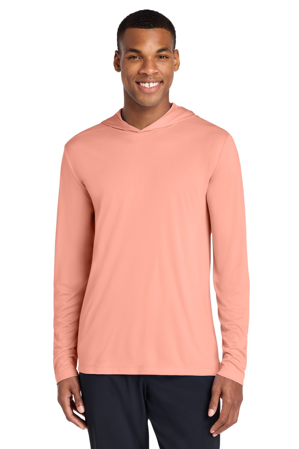 Custom Soft Coral Posi-UV Pro Long Sleeve Hoodie ST420LSH, personalized by SanCanDo Swag in Argyle, TX