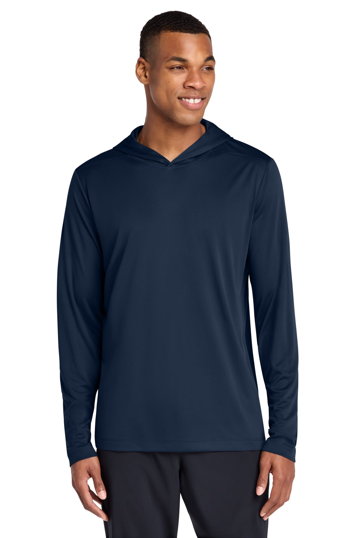 Custom True Navy Posi-UV Pro Long Sleeve Hoodie ST420LSH, personalized by SanCanDo Swag in Argyle, TX