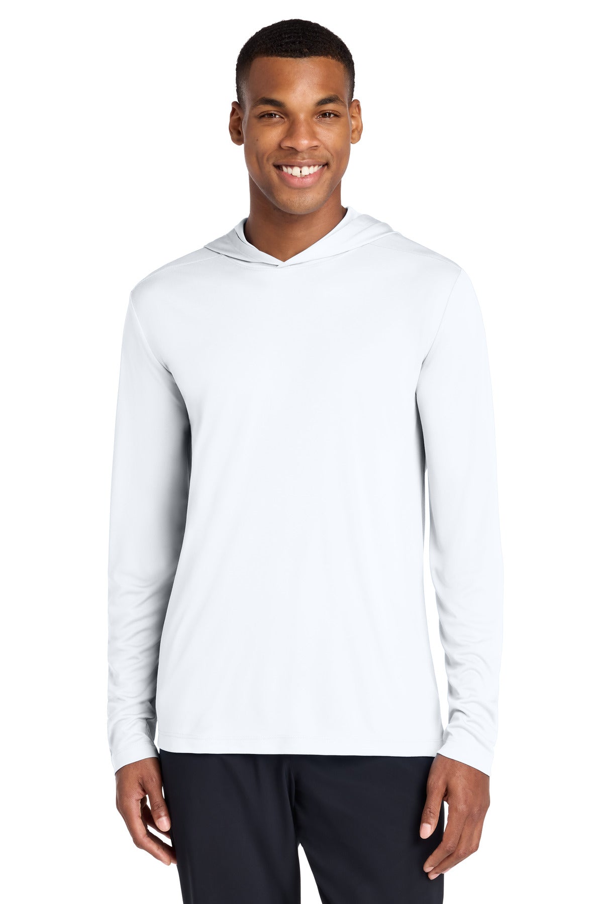 Custom White Posi-UV Pro Long Sleeve Hoodie ST420LSH, personalized by SanCanDo Swag in Argyle, TX
