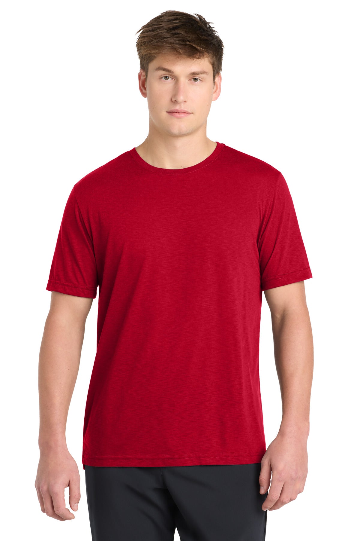 Custom Deep Red PosiCharge Strive Tee ST430, personalized by SanCanDo Swag in Argyle, TX