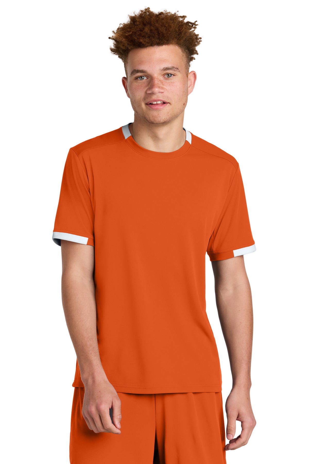 Custom Deep Orange/ White Club Short Sleeve Crew ST440, personalized by SanCanDo Swag in Argyle, TX