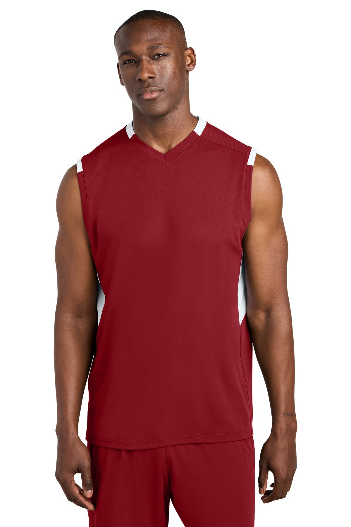 Custom Deep Red/ White Club Sleeveless V-Neck ST441, personalized by SanCanDo Swag in Argyle, TX