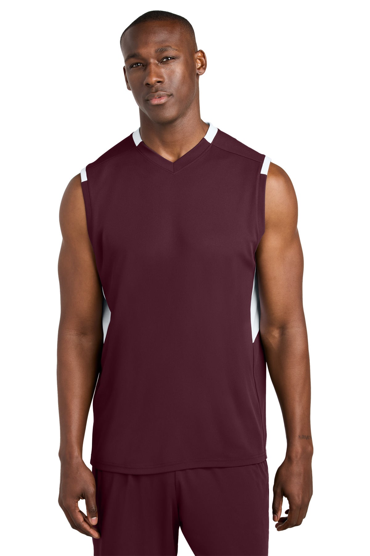 Custom Maroon/ White Club Sleeveless V-Neck ST441, personalized by SanCanDo Swag in Argyle, TX