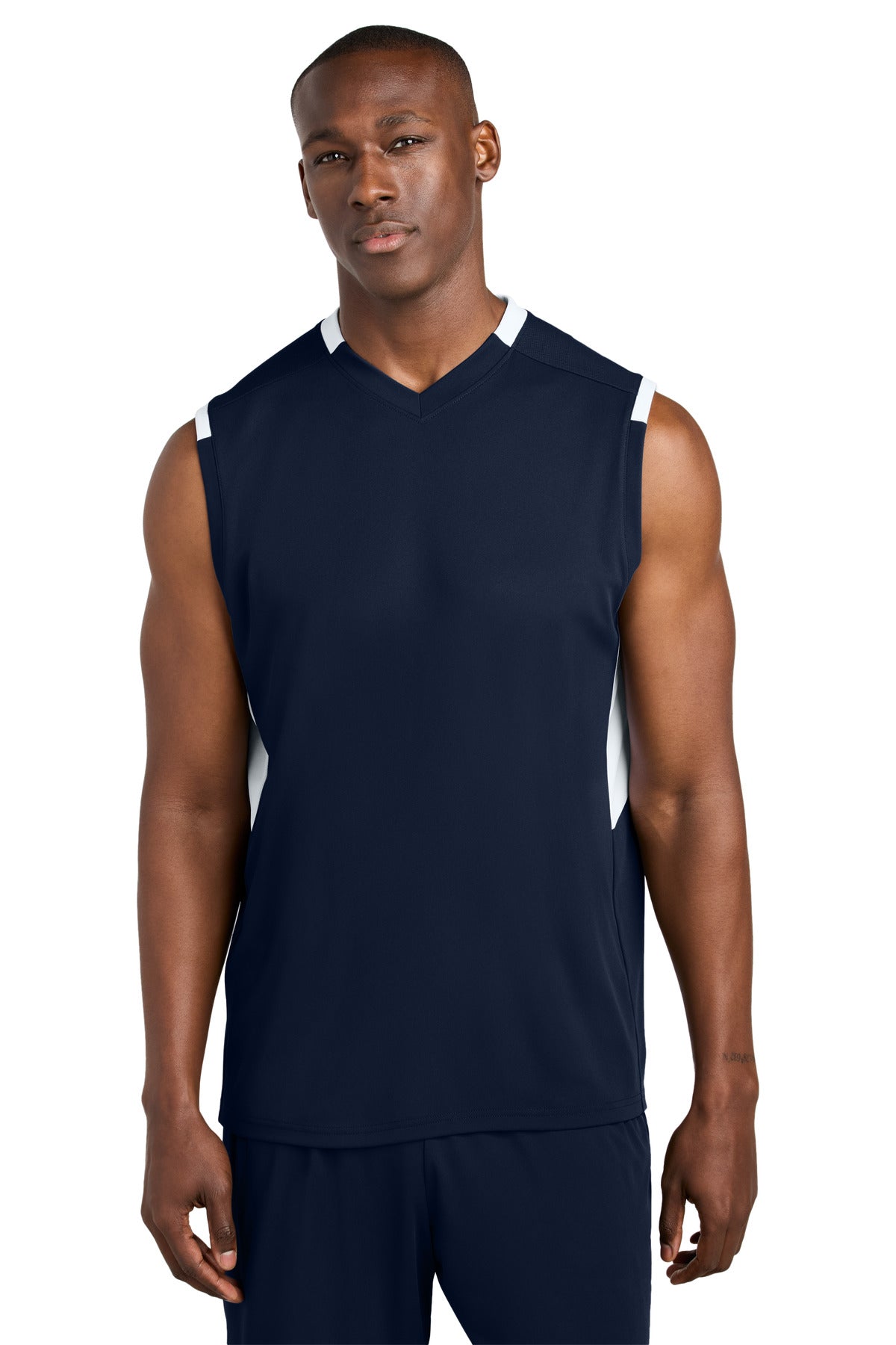 Custom True Navy/ White Club Sleeveless V-Neck ST441, personalized by SanCanDo Swag in Argyle, TX