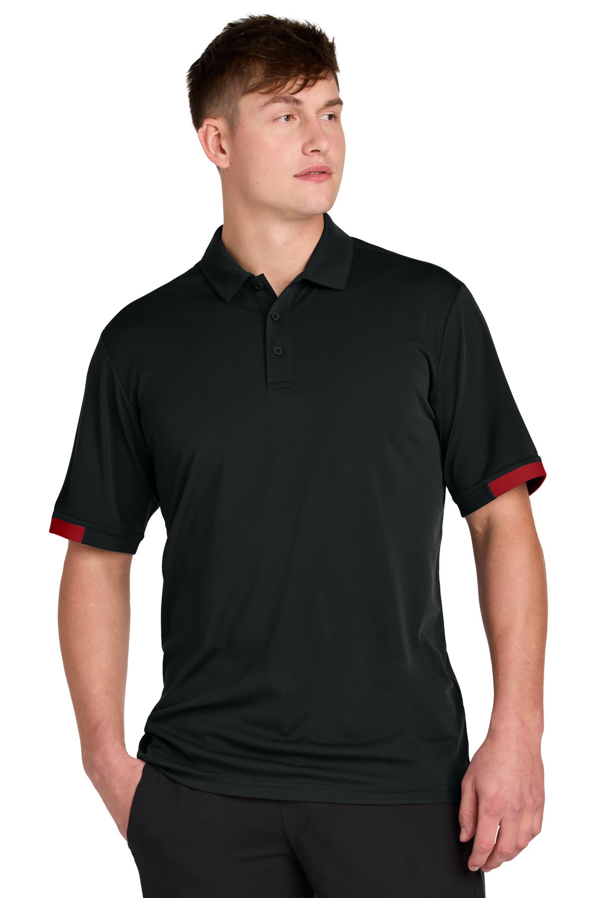 Custom Black/ Deep Red Club Colorblock Polo ST444, personalized by SanCanDo Swag in Argyle, TX