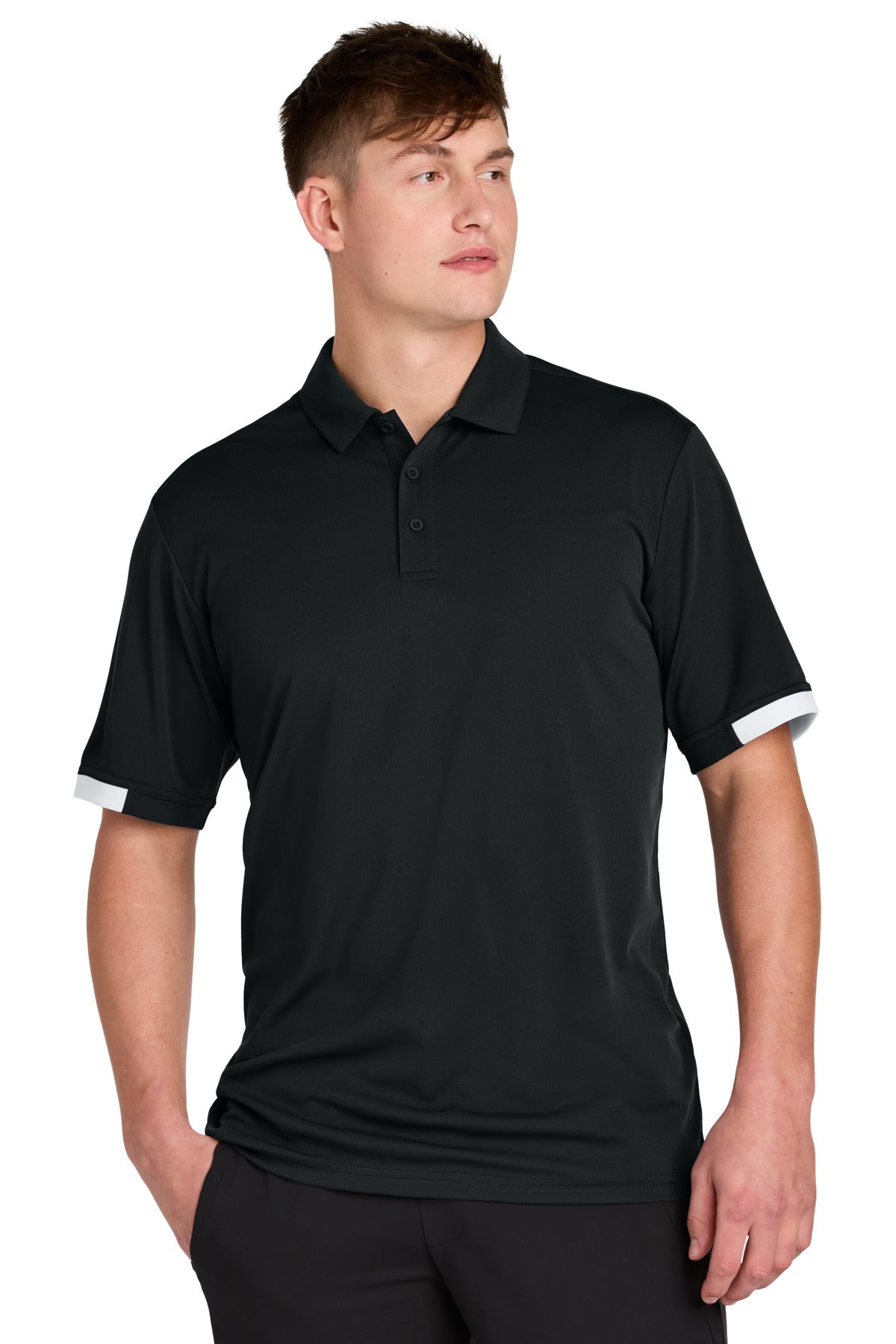 Custom Black/ White Club Colorblock Polo ST444, personalized by SanCanDo Swag in Argyle, TX