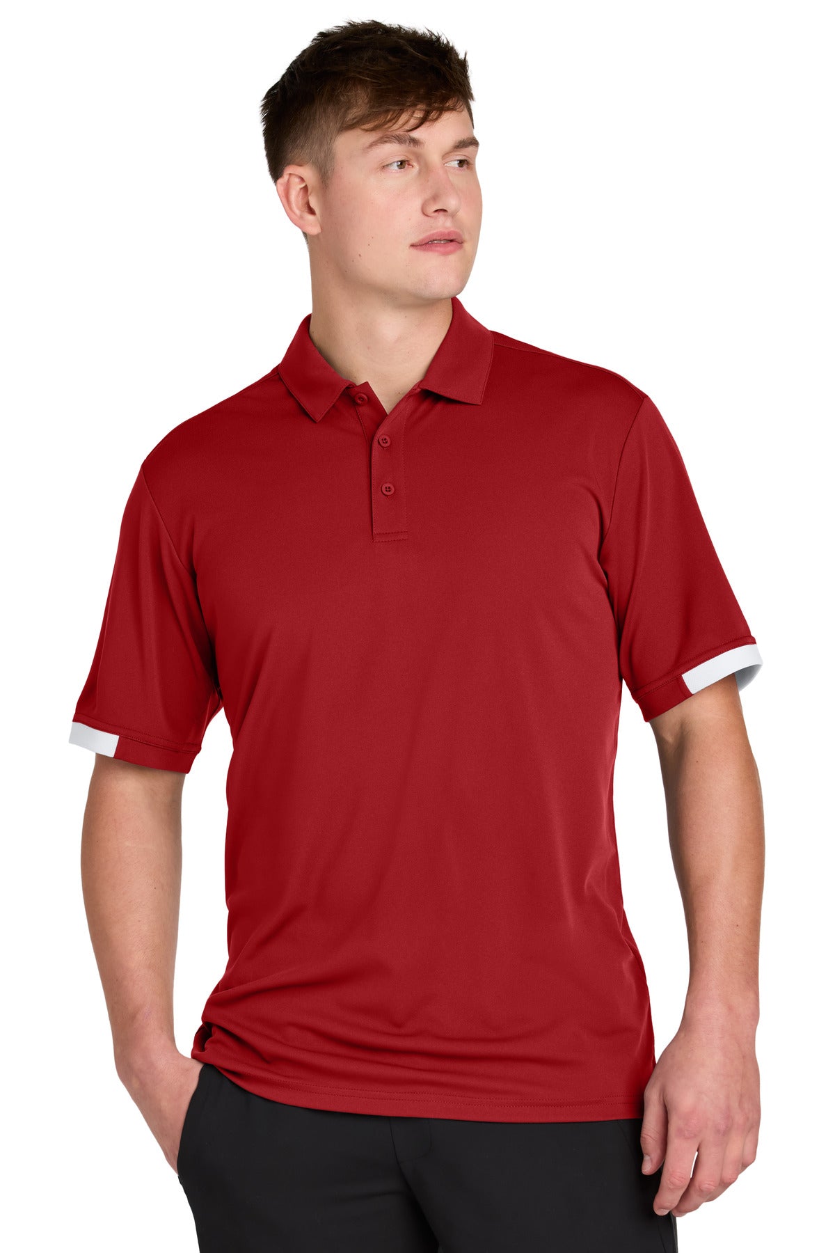 Custom Deep Red/ White Club Colorblock Polo ST444, personalized by SanCanDo Swag in Argyle, TX