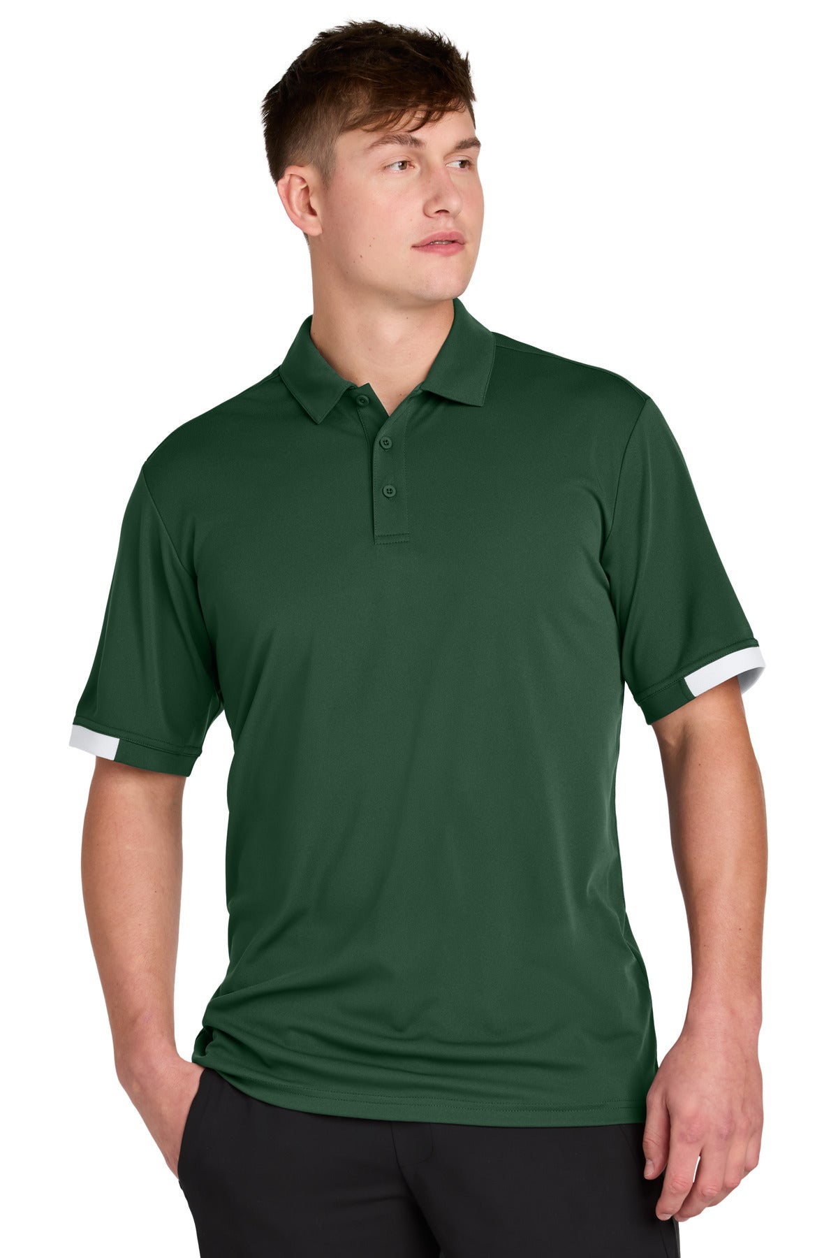 Custom Forest Green/ White Club Colorblock Polo ST444, personalized by SanCanDo Swag in Argyle, TX