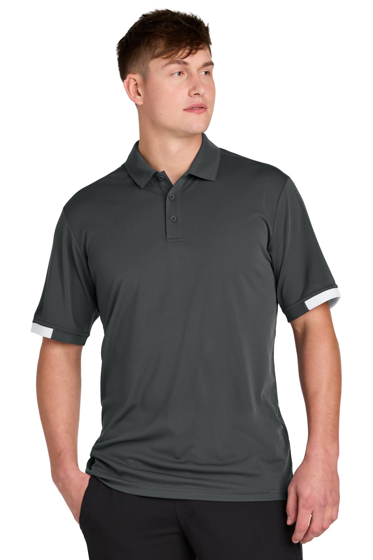 Custom Iron Grey/ White Club Colorblock Polo ST444, personalized by SanCanDo Swag in Argyle, TX