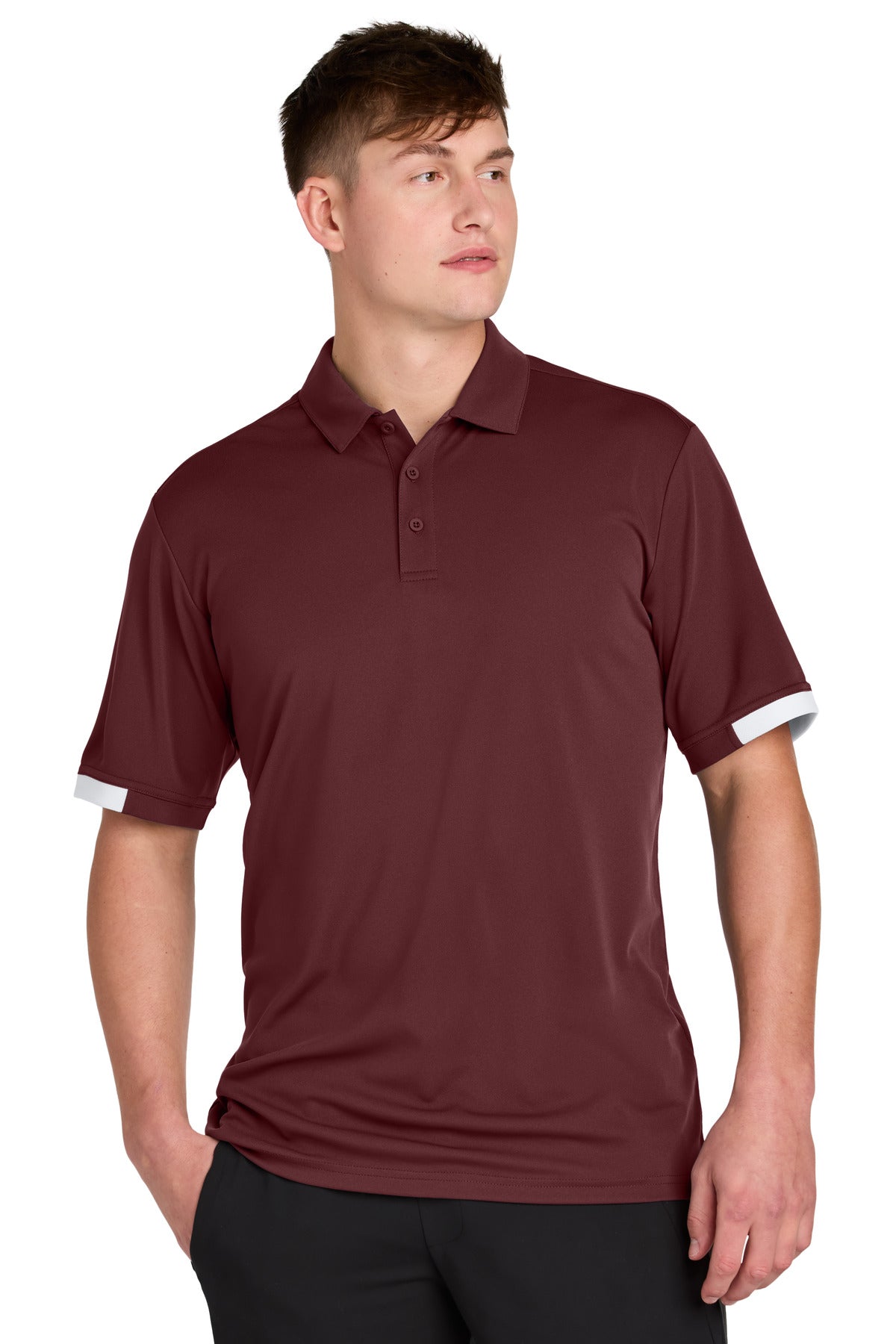 Custom Maroon/ White Club Colorblock Polo ST444, personalized by SanCanDo Swag in Argyle, TX