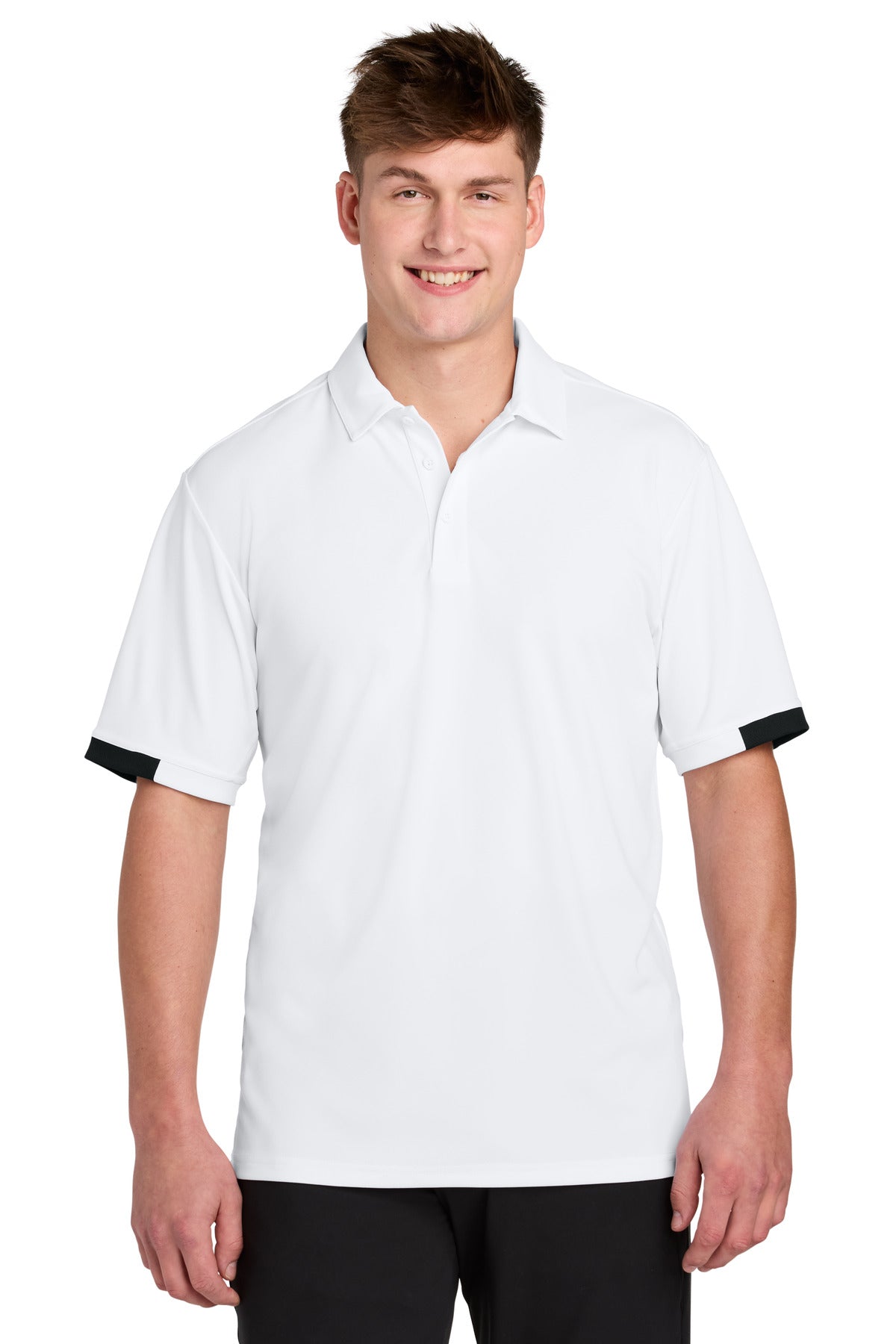 Custom White/ Black Club Colorblock Polo ST444, personalized by SanCanDo Swag in Argyle, TX